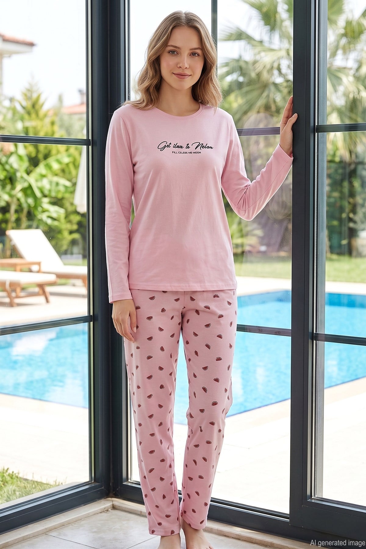 Kadın Karpuz Desen Uzun Kol Pijama Takımı 028 Pembe