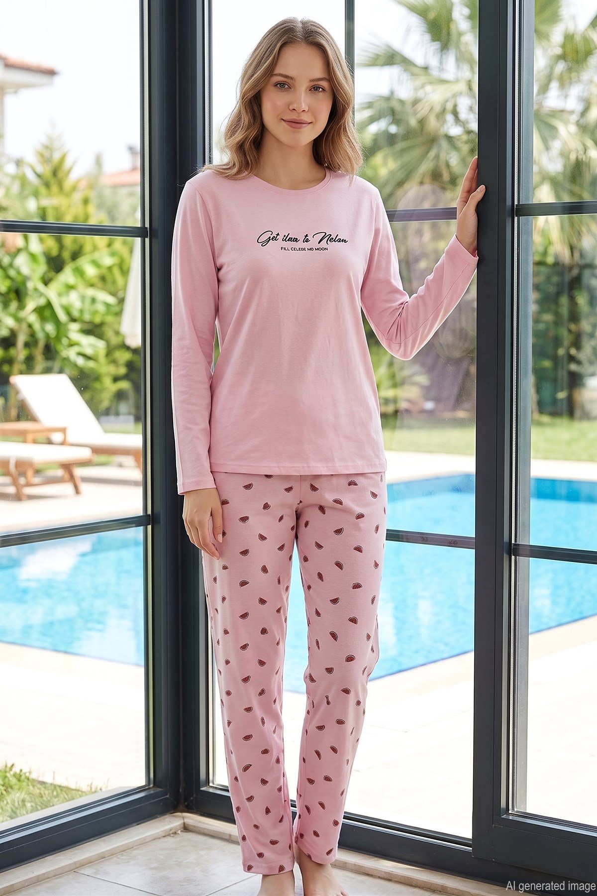 Kadın Karpuz Desen Uzun Kol Pijama Takımı 028 Pembe