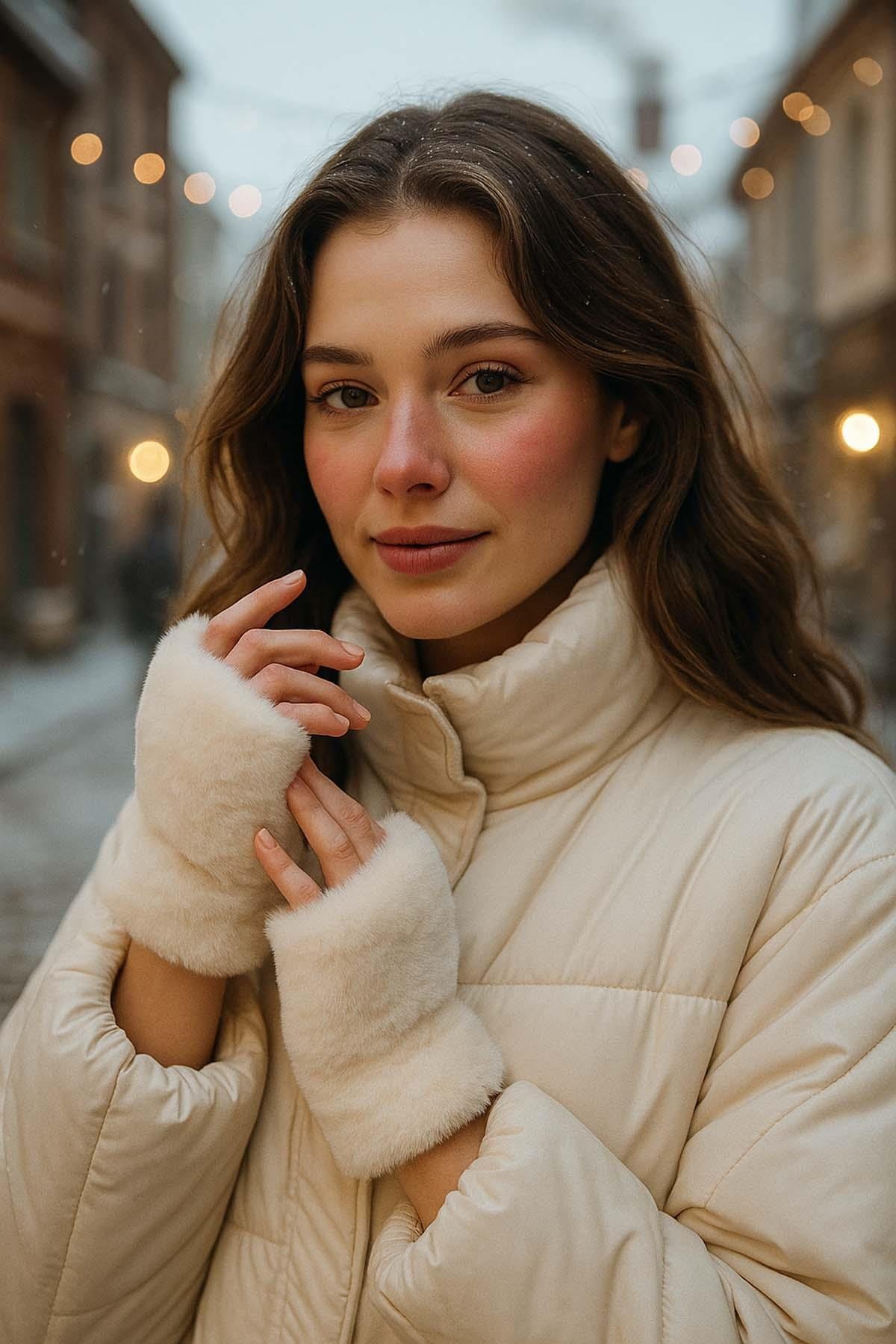 Kadın Kesik Peluş Eldiven ELD-33 Ekru