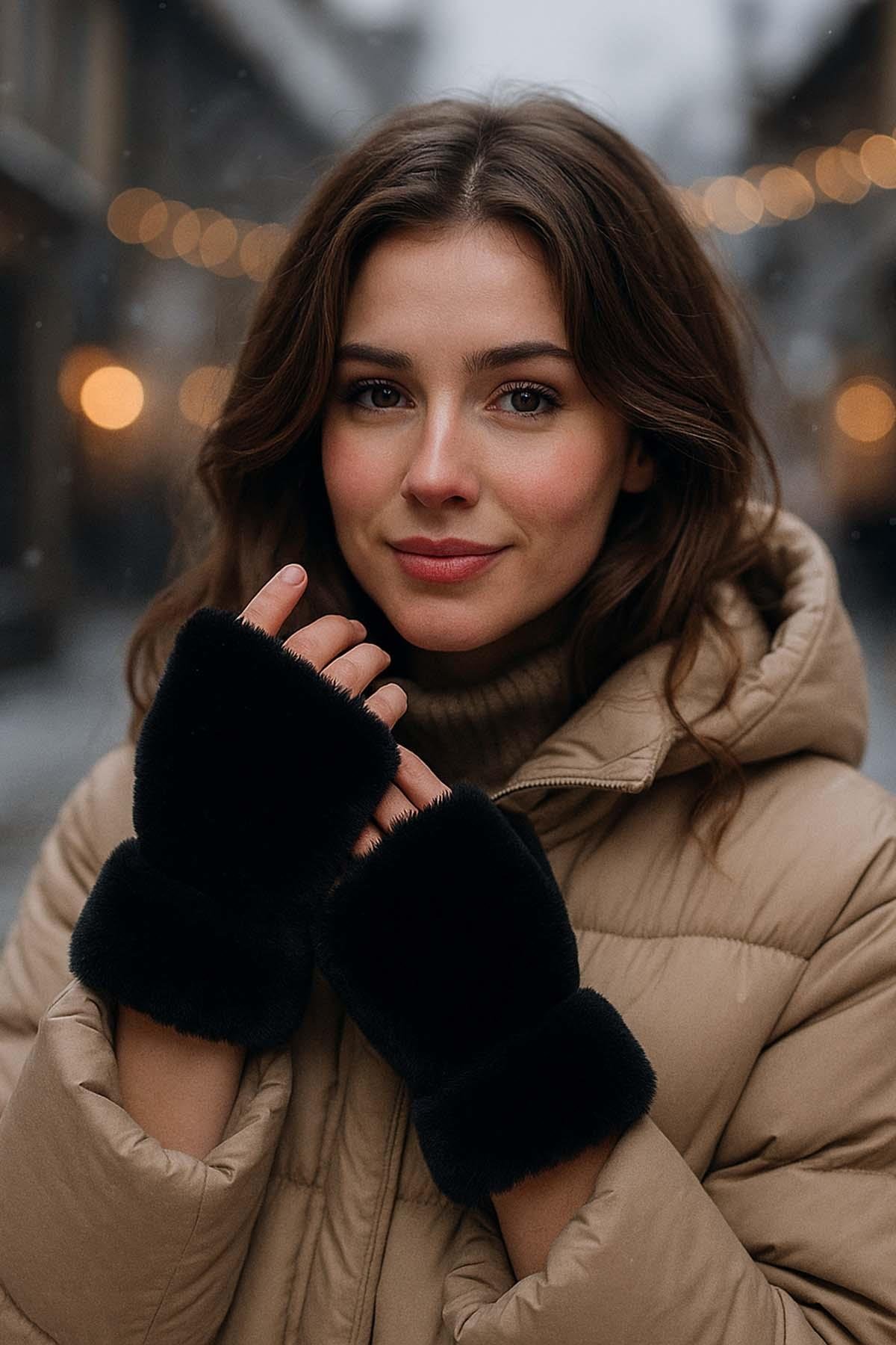 Kadın Kesik Peluş Eldiven ELD-33 Siyah