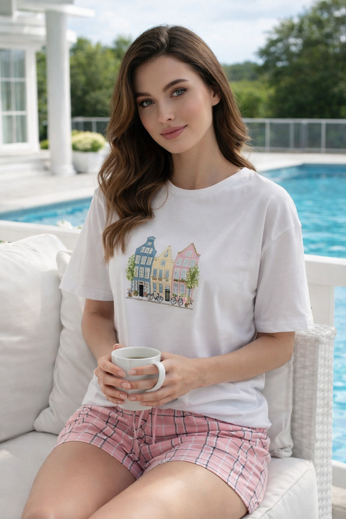 Kadın Kısa Kol Suprem Kumaş Şortlu Pijama Takımı 90782-3364 Beyaz04