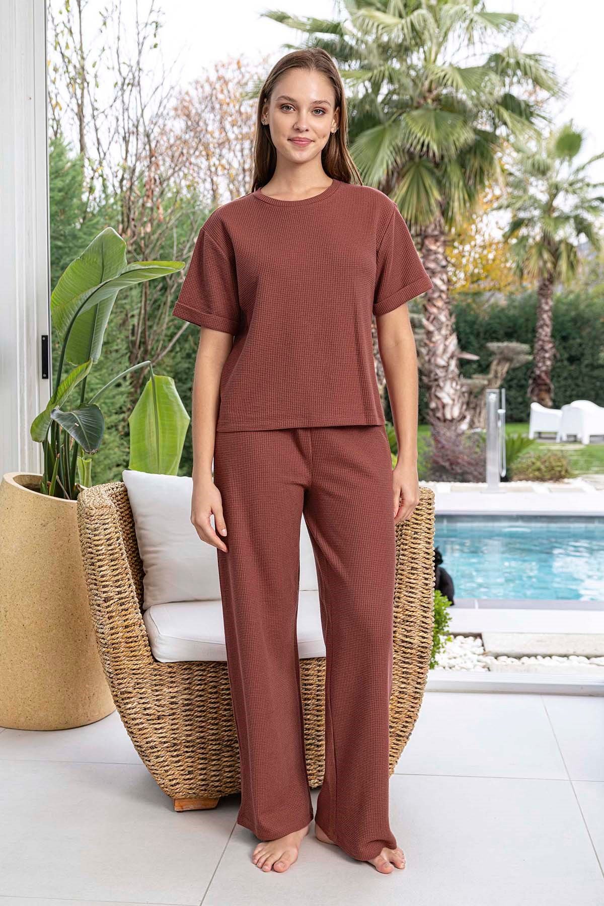 Kadın Kısa Kol Waffle Kumaş Pijama Takımı 260108 Koyu Kiremit