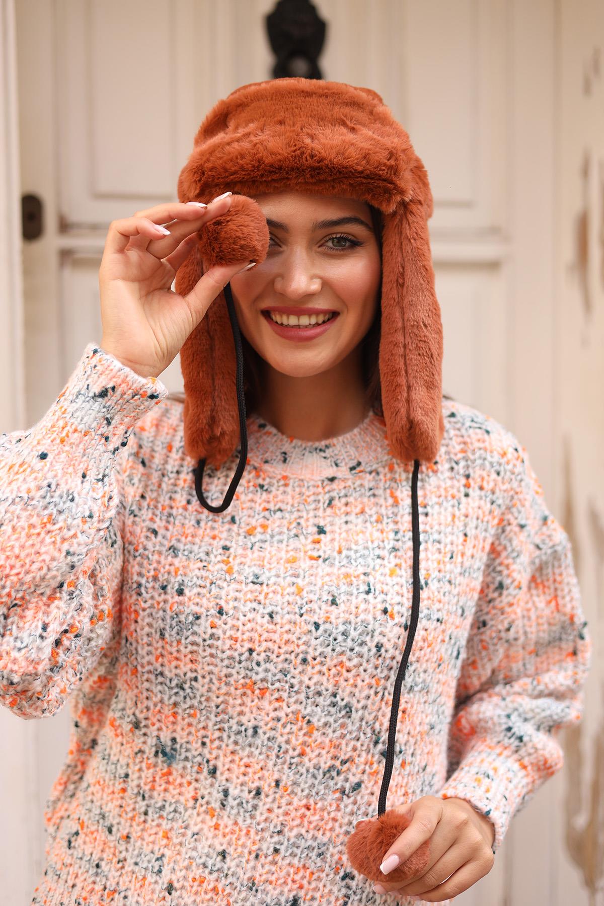 Kadın Kürklü Kulaklıklı Peluş Şapka RKŞ-04 Kiremit