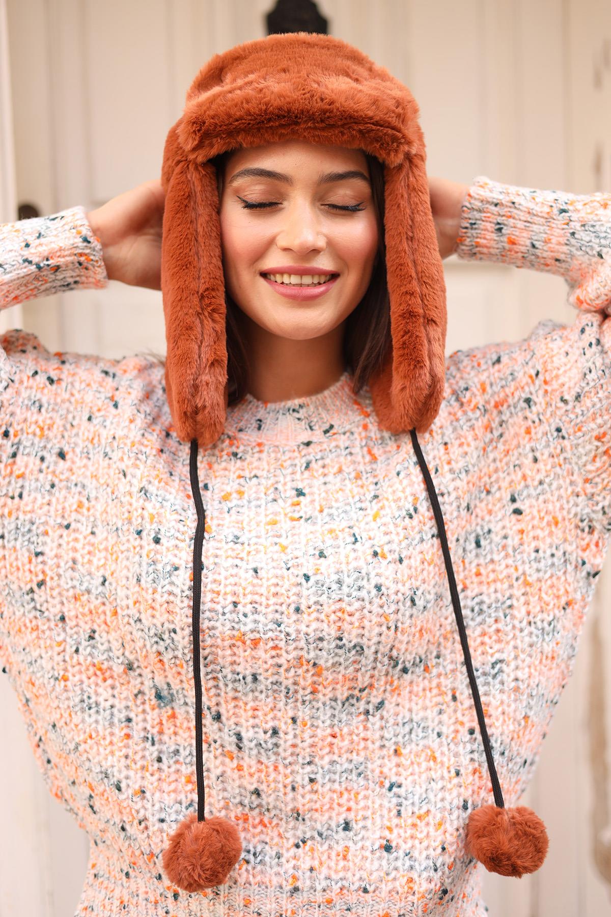 Kadın Kürklü Kulaklıklı Peluş Şapka RKŞ-04 Kiremit