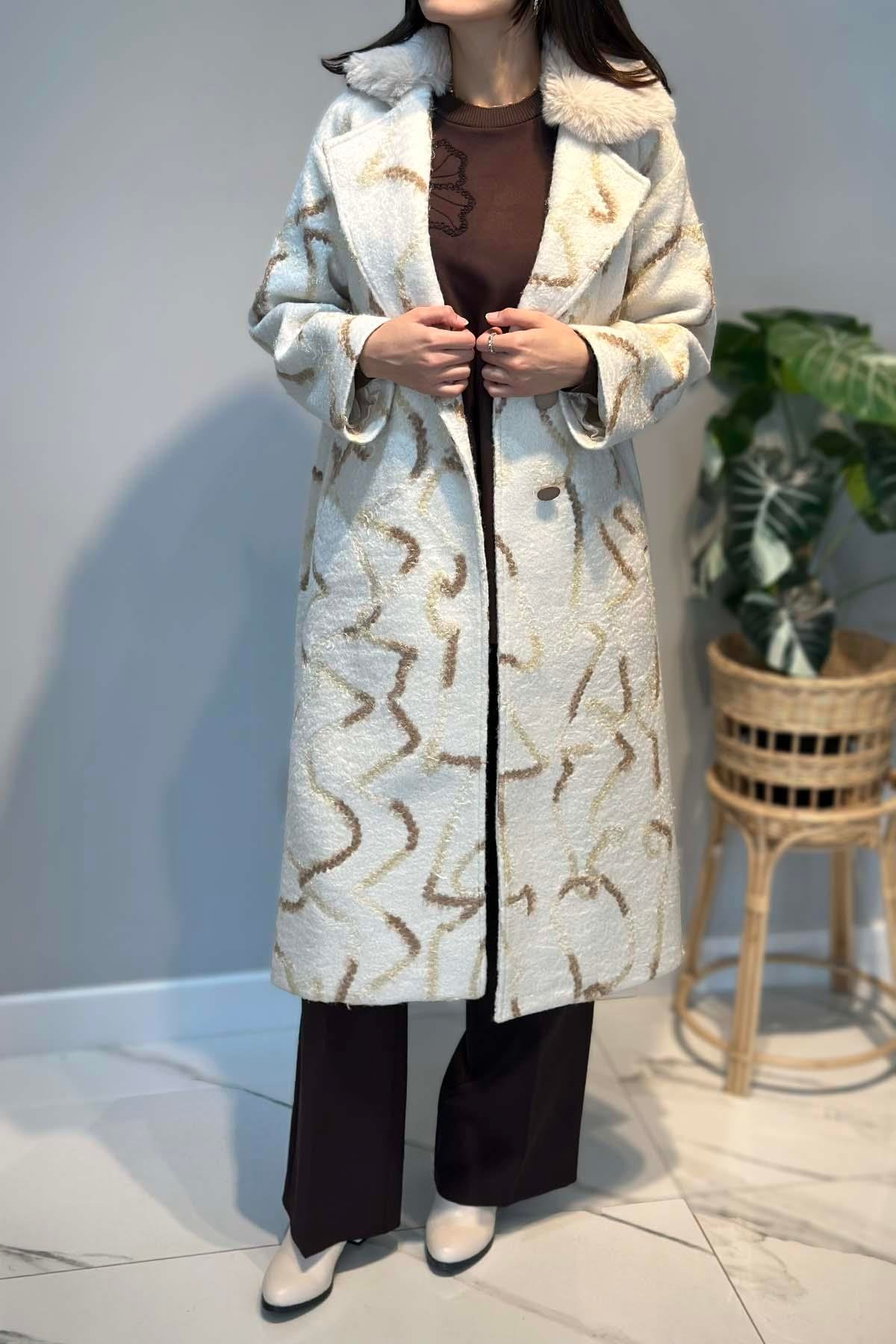 Kadın Laseli Desen Detay Buklet Kaban 6327 Ekru