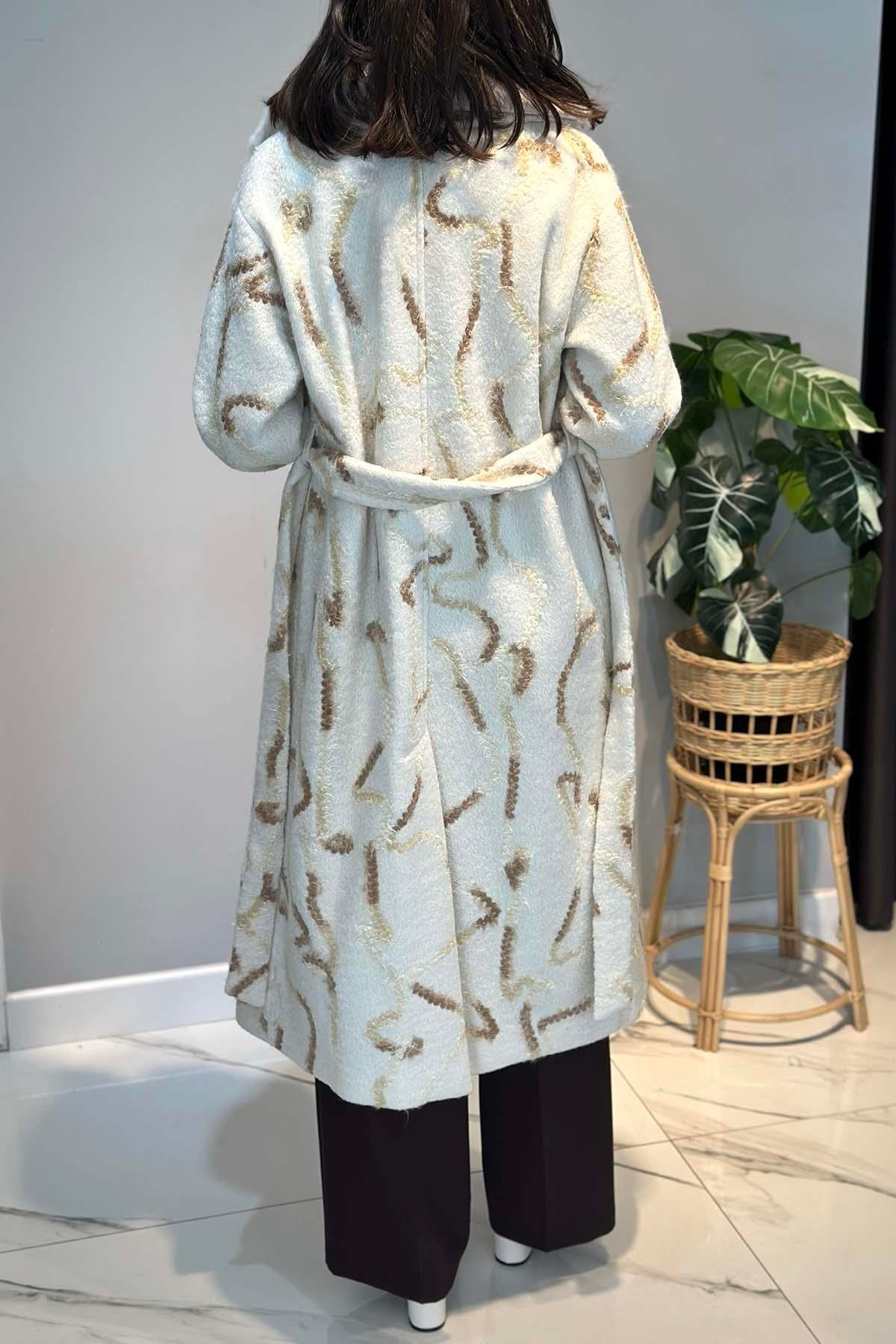 Kadın Laseli Desen Detay Buklet Kaban 6327 Ekru