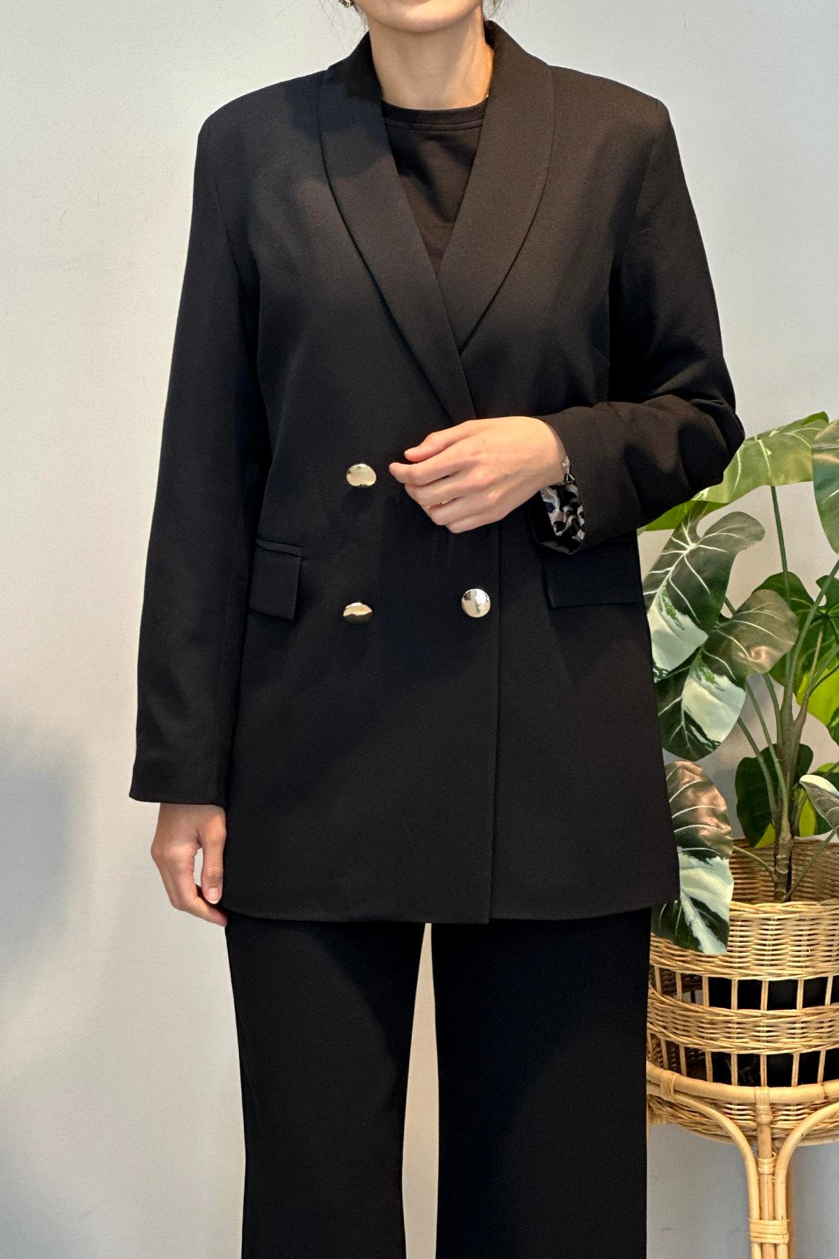 Kadın Leopar Astar Detay Blazer Ceket 1156 Siyah