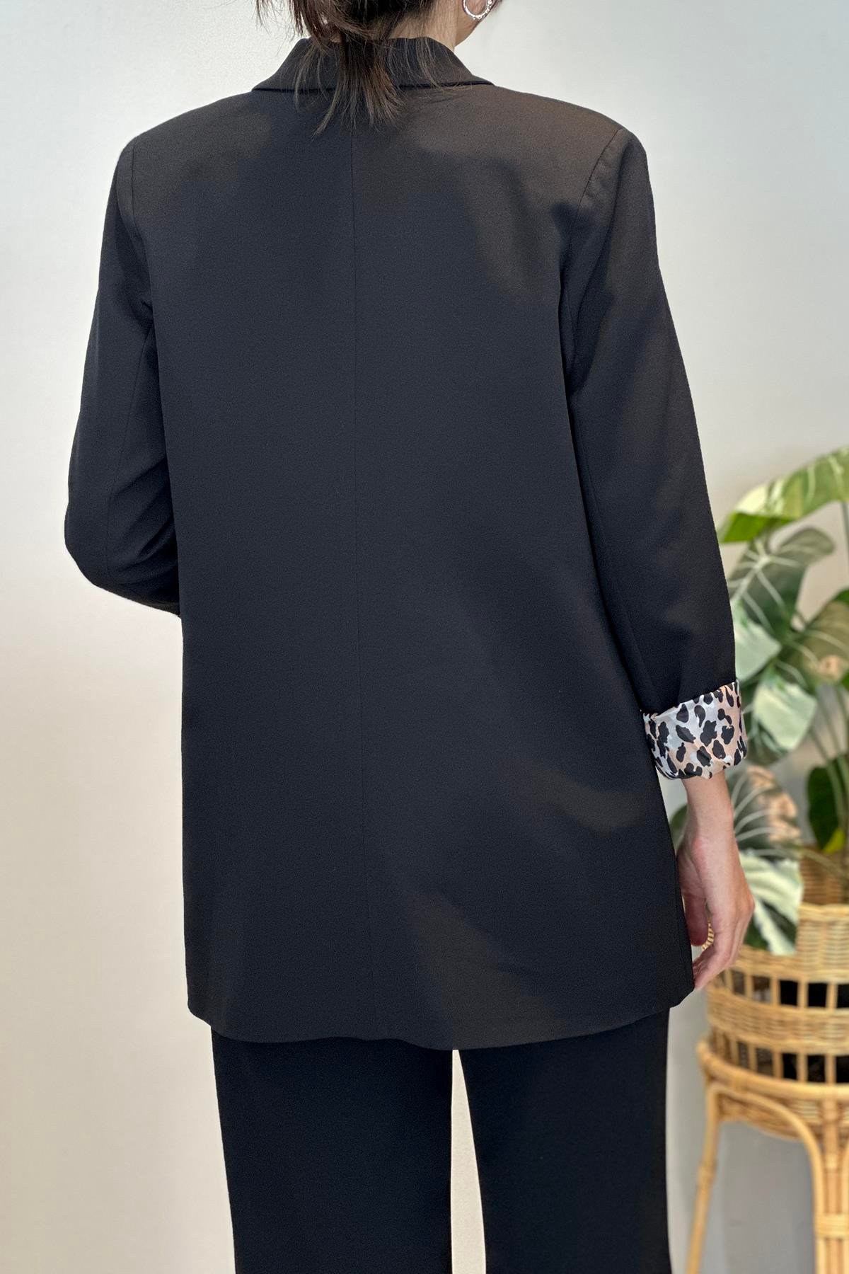 Kadın Leopar Astar Detay Blazer Ceket 1156 Siyah