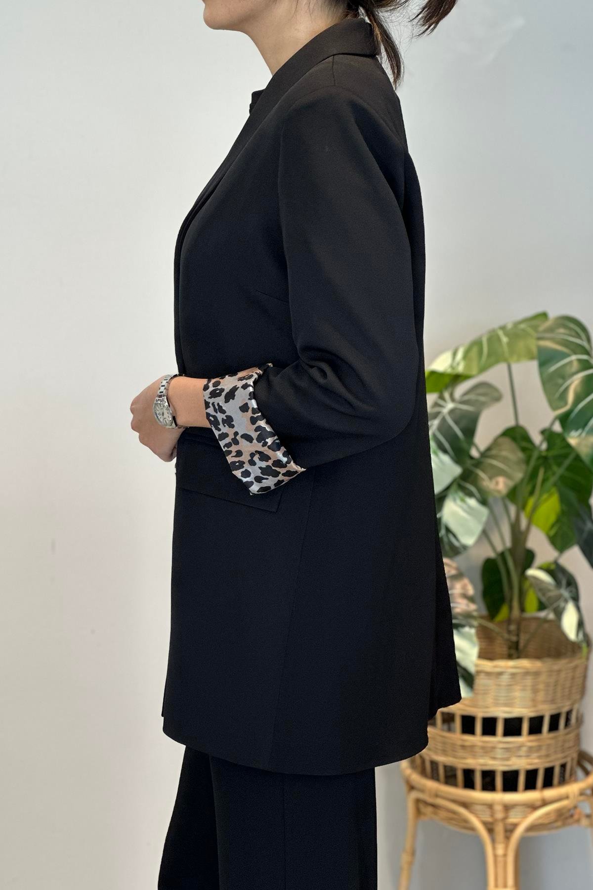Kadın Leopar Astar Detay Blazer Ceket 1156 Siyah