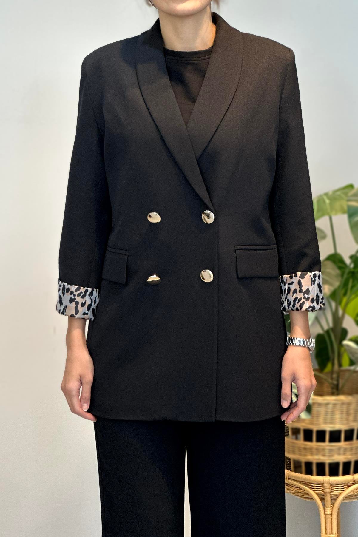 Kadın Leopar Astar Detay Blazer Ceket 1156 Siyah