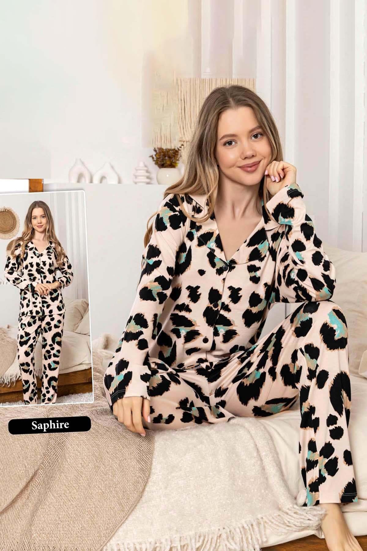 Kadın Leopar Desen Düğmeli Saphire Pijama Takımı 0368 Toz Pembe