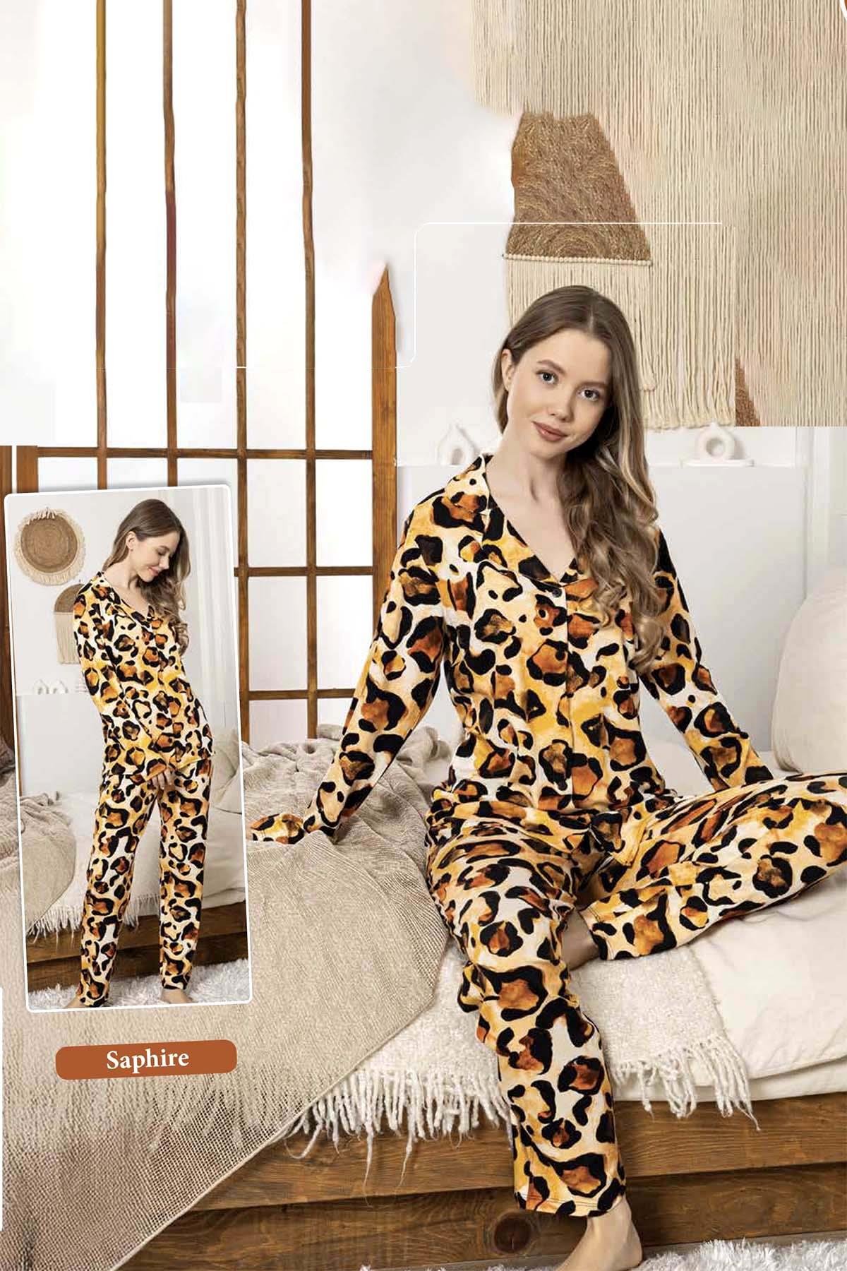 Kadın Leopar Desen Düğmeli Saphire Pijama Takımı 0336 Leopar