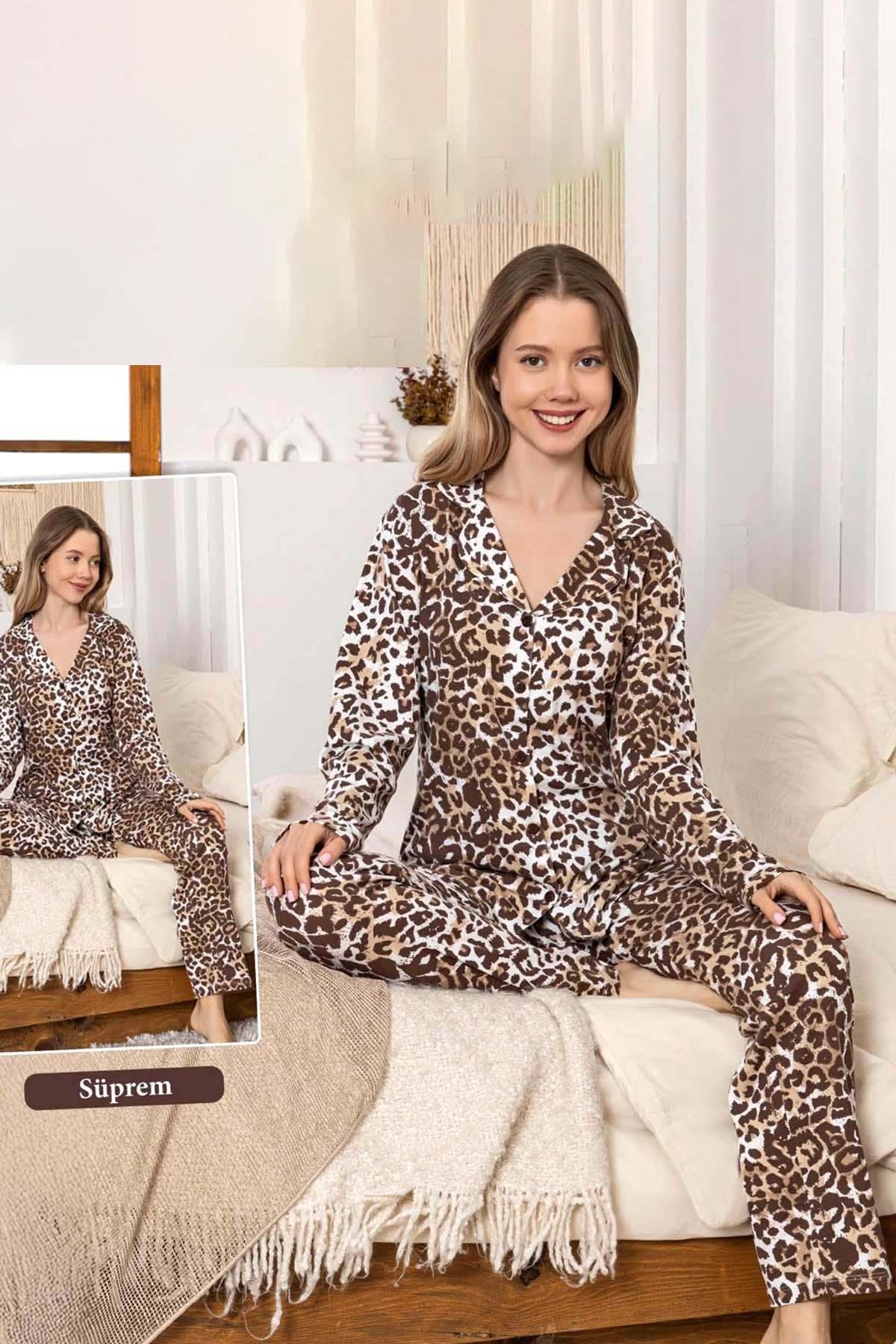 Kadın Leopar Desen Düğmeli Suprem Pijama Takımı 0397 Kahverengi