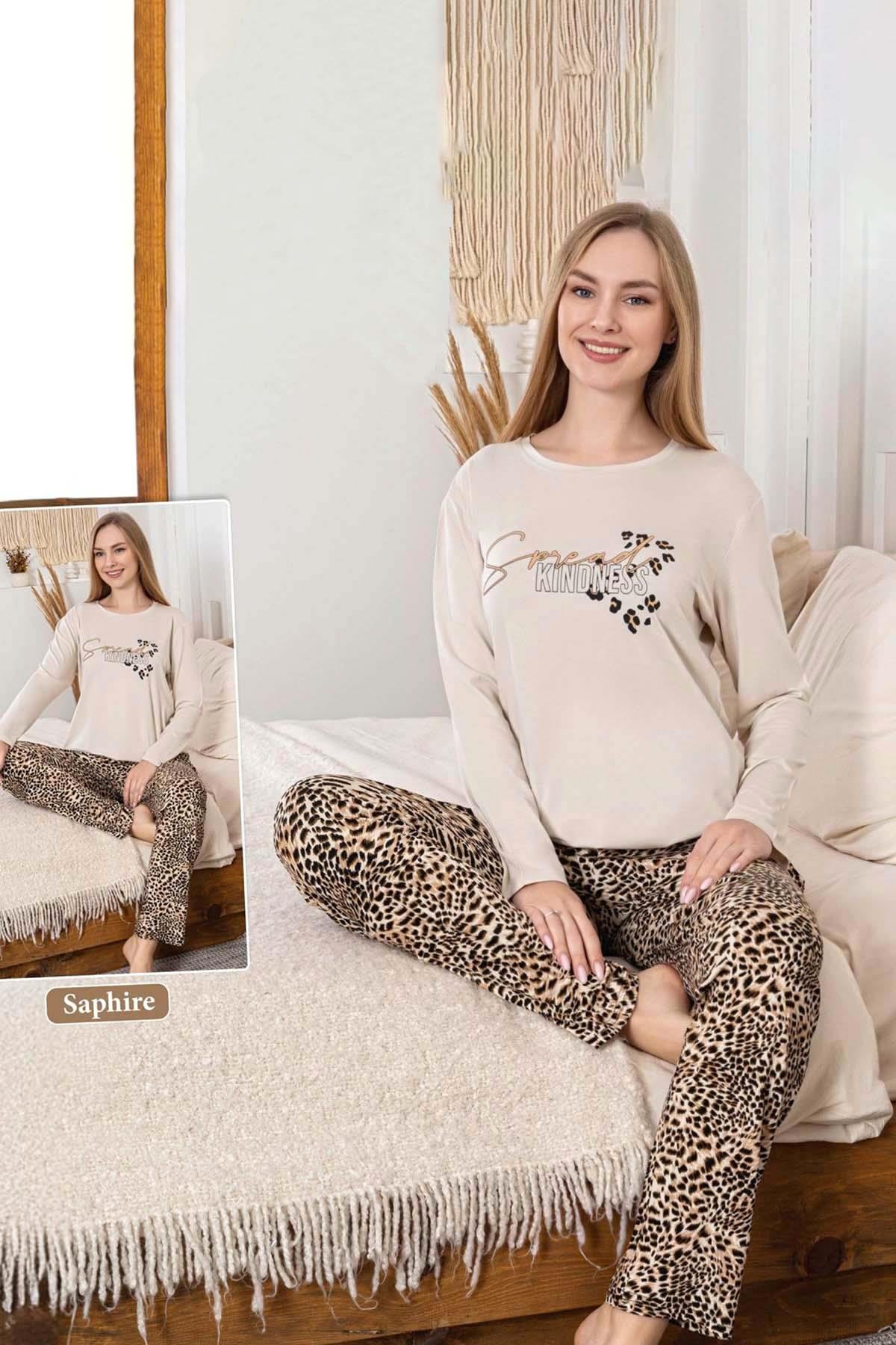 Kadın Leopar Desen Saphire Pijama Takımı 0473 Bej