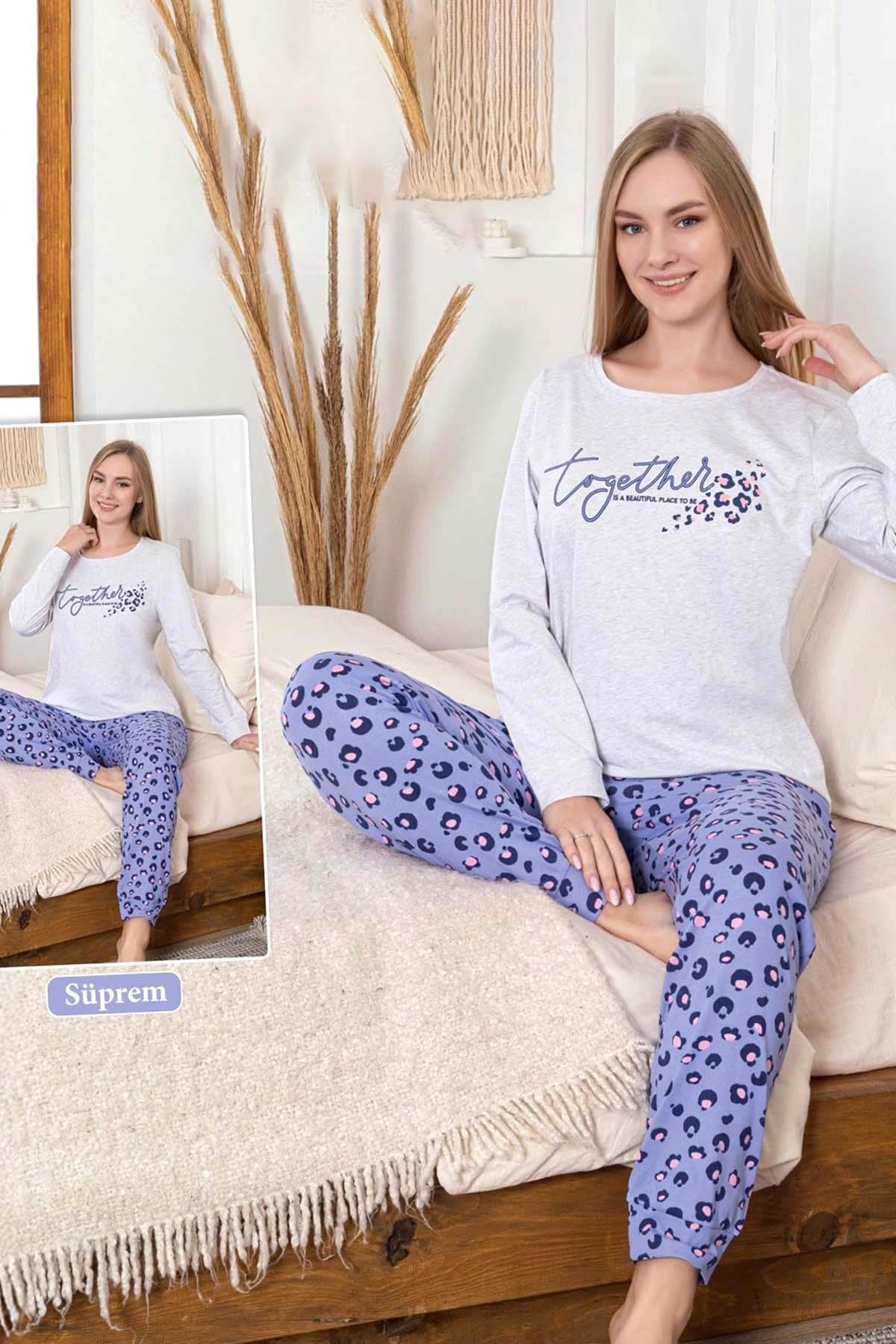 Kadın Leopar Desen Suprem Pijama Takımı 0456 Mor01