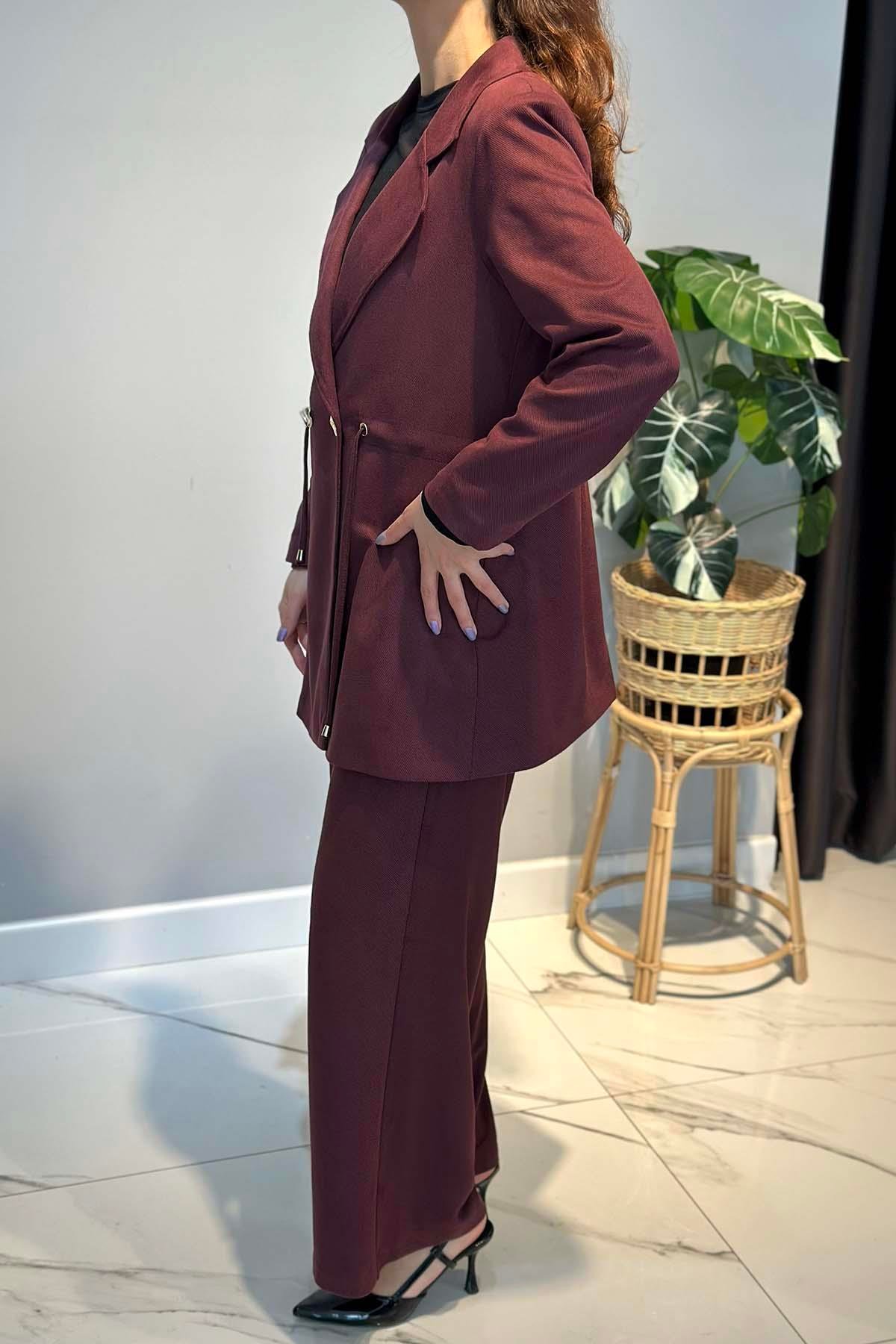 Kadın Örme Cupra Blazer Ceket Pantolon Takım 7372 Bordo