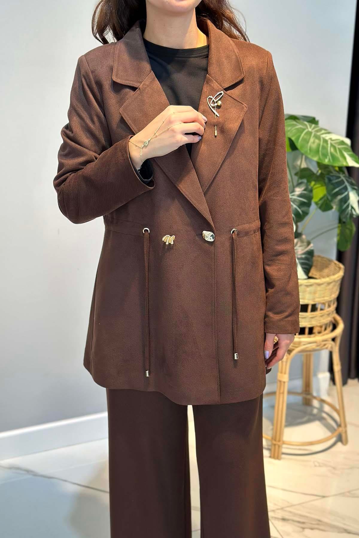 Kadın Örme Cupra Blazer Ceket Pantolon Takım 7372 Kahverengi