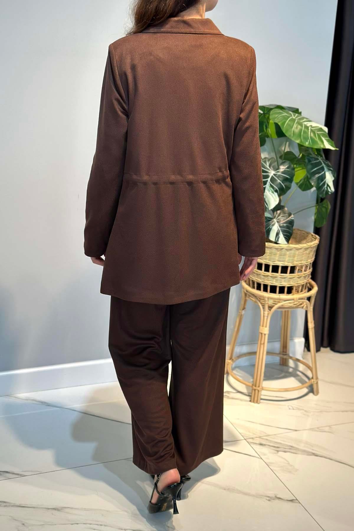 Kadın Örme Cupra Blazer Ceket Pantolon Takım 7372 Kahverengi