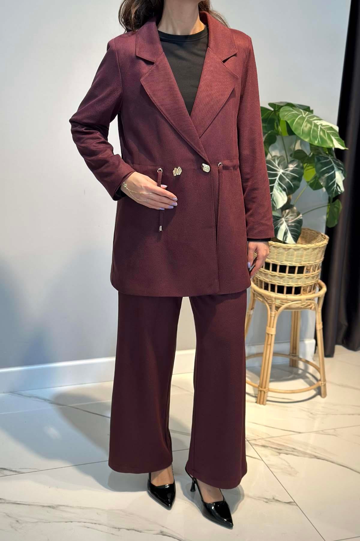 Kadın Örme Cupra Blazer Ceket Pantolon Takım 7372 Bordo