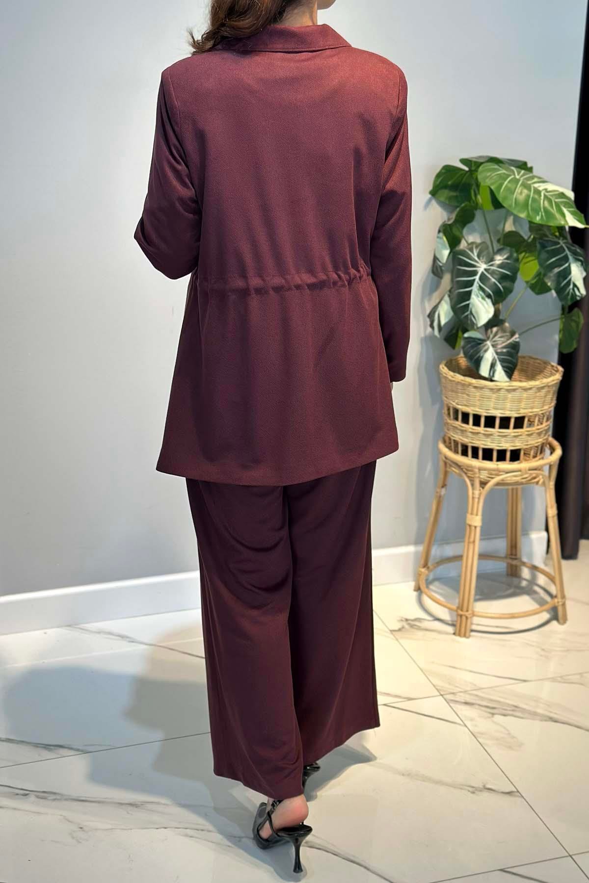 Kadın Örme Cupra Blazer Ceket Pantolon Takım 7372 Bordo