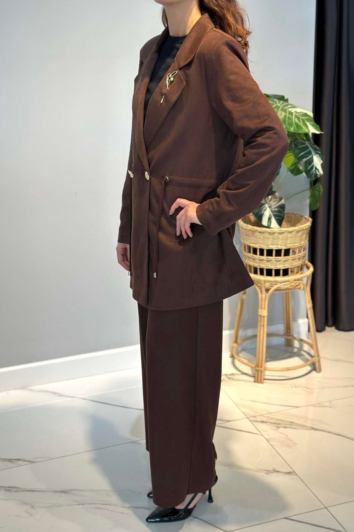 Kadın Örme Cupra Blazer Ceket Pantolon Takım 7372 Kahverengi