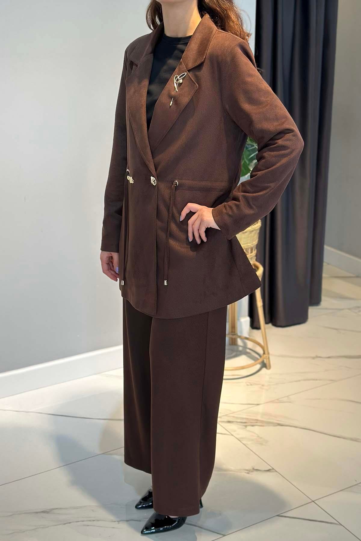 Kadın Örme Cupra Blazer Ceket Pantolon Takım 7372 Kahverengi