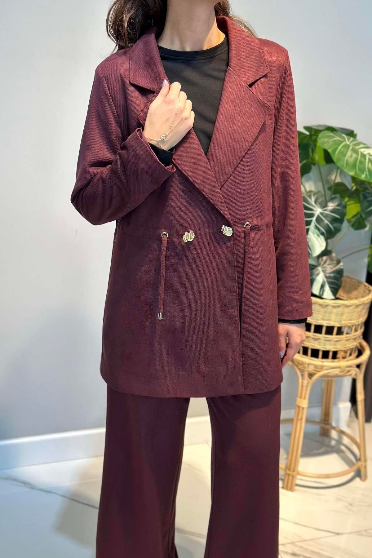Kadın Örme Cupra Blazer Ceket Pantolon Takım 7372 Bordo