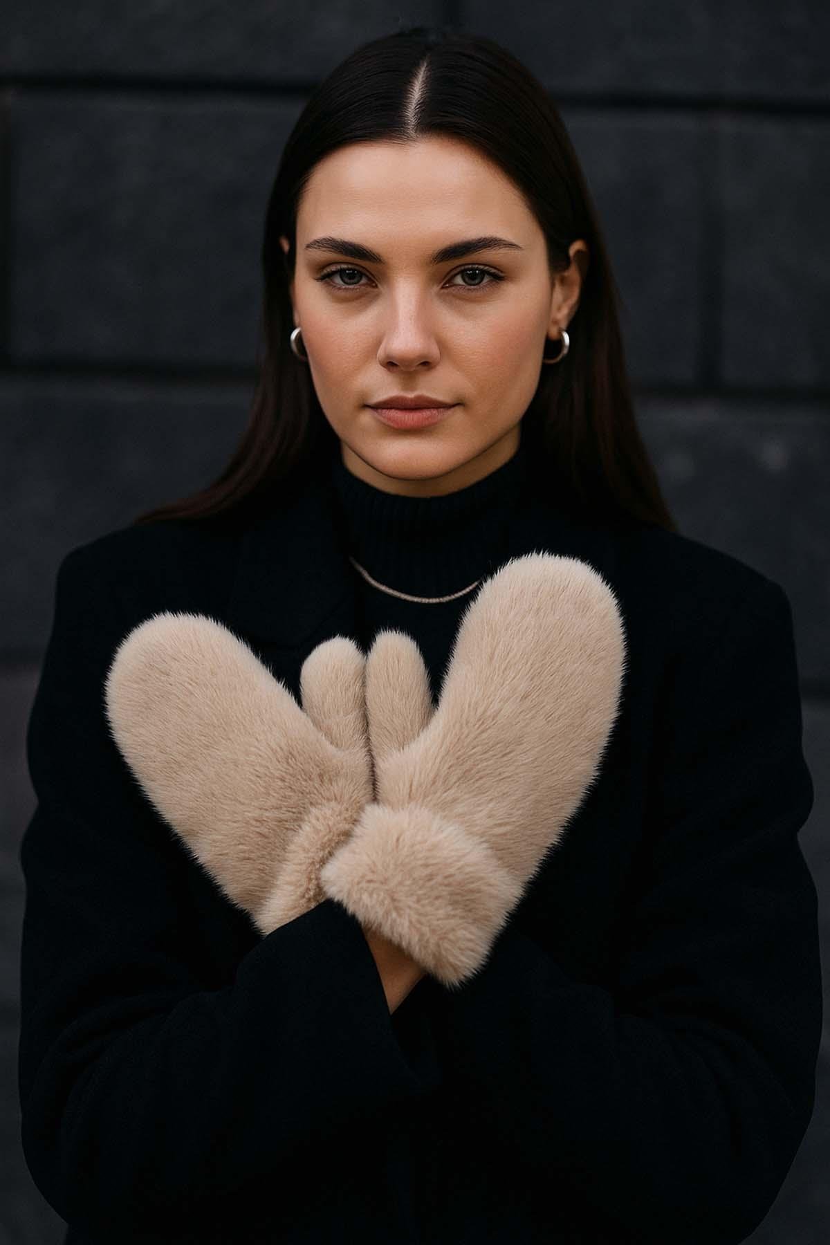 Kadın Peluş Eldiven ELD-32 Bej