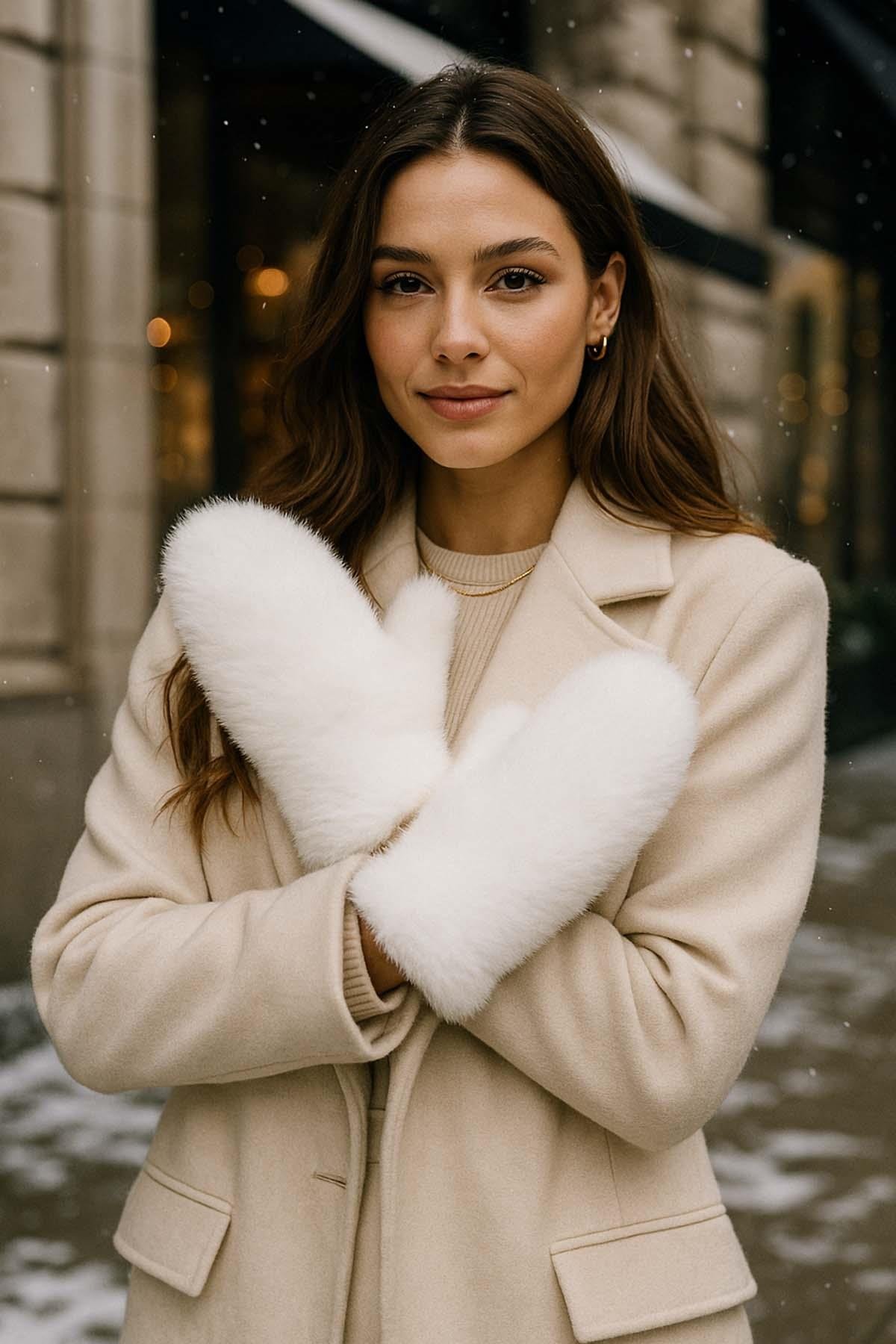 Kadın Peluş Eldiven ELD-32 Ekru