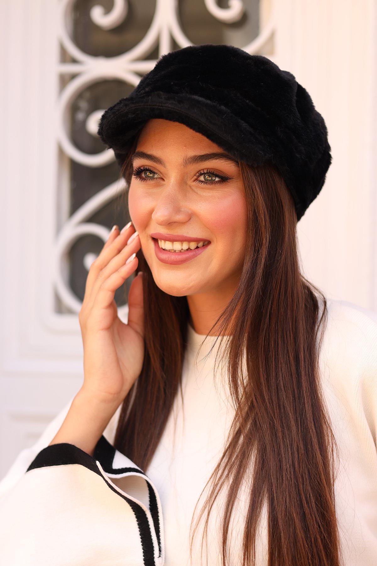 Kadın Peluş Kaptan Denizci Şapka RKŞ-05 Siyah