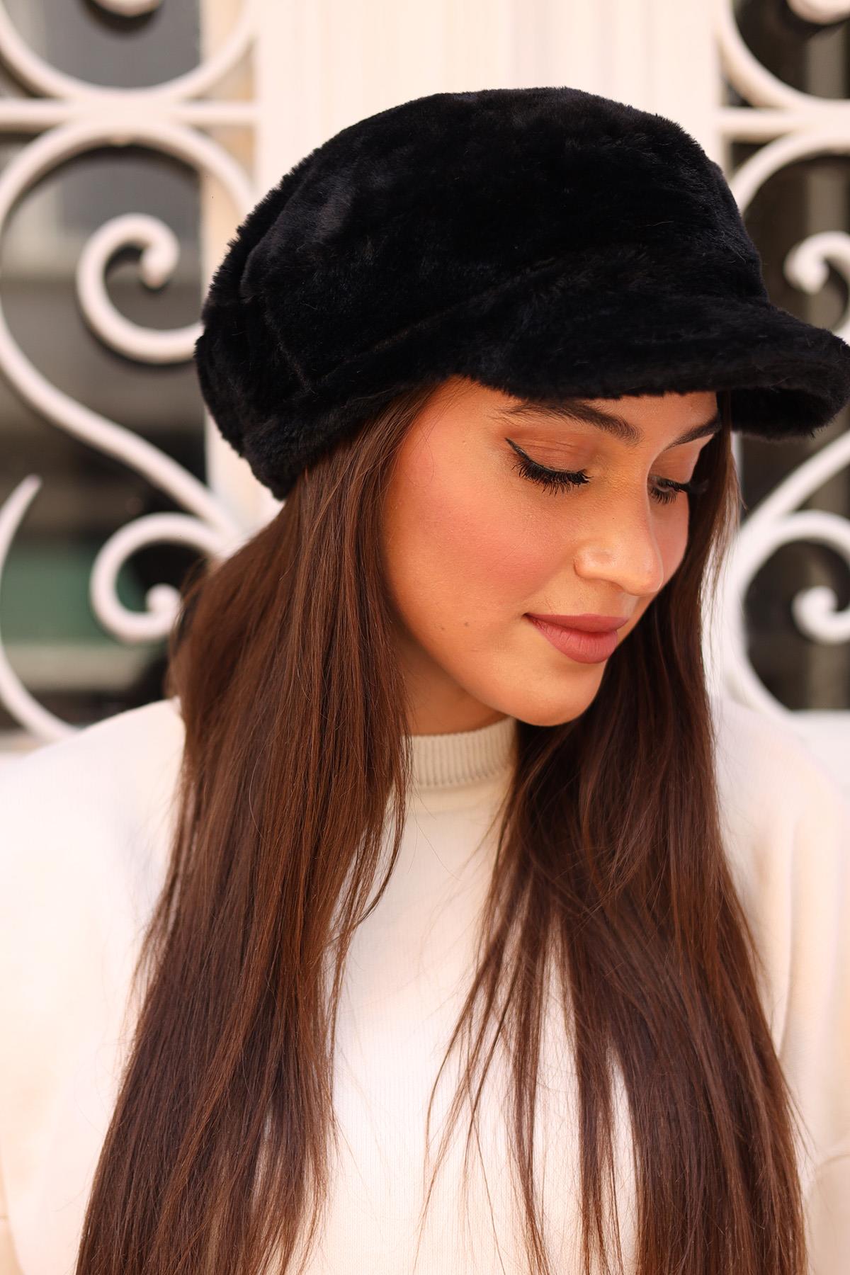 Kadın Peluş Kaptan Denizci Şapka RKŞ-05 Siyah