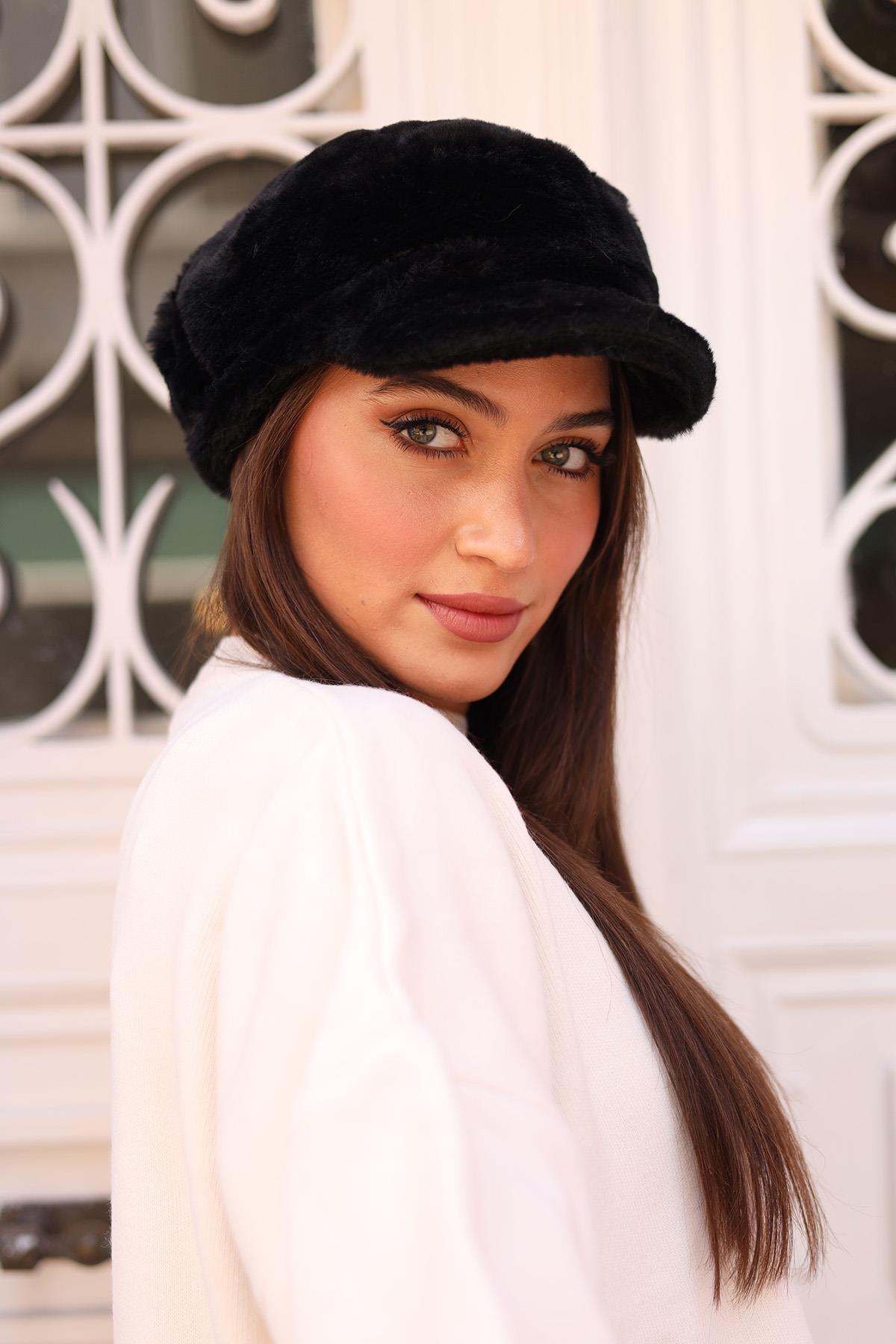 Kadın Peluş Kaptan Denizci Şapka RKŞ-05 Siyah