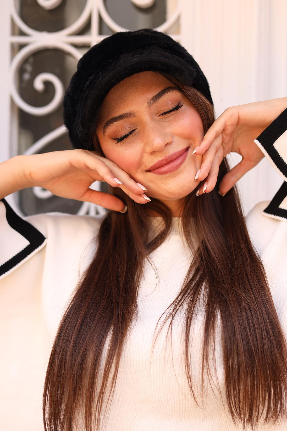 Kadın Peluş Kaptan Denizci Şapka RKŞ-05 Siyah