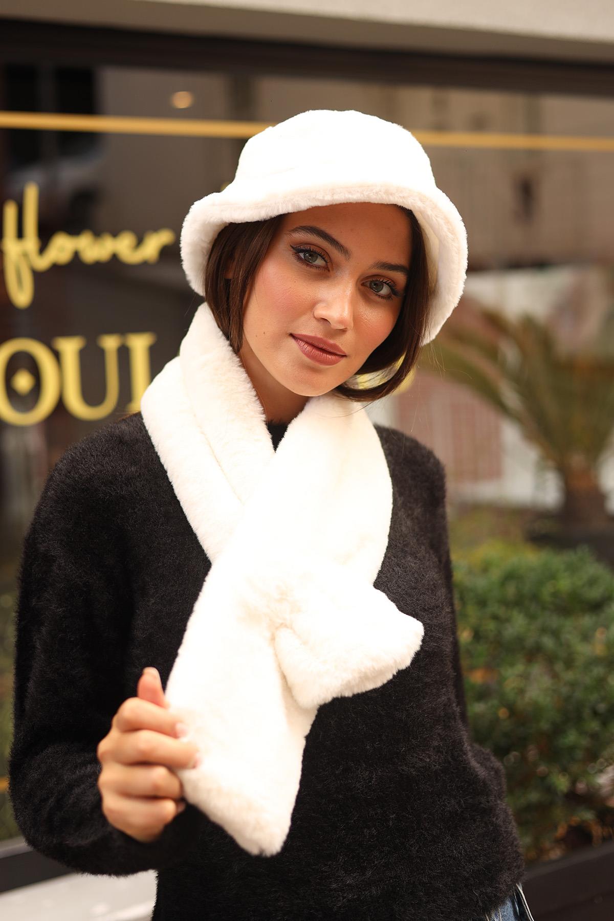 Kadın Peluş Kaşkol Boyunluk Atkı RKB-01 Ekru