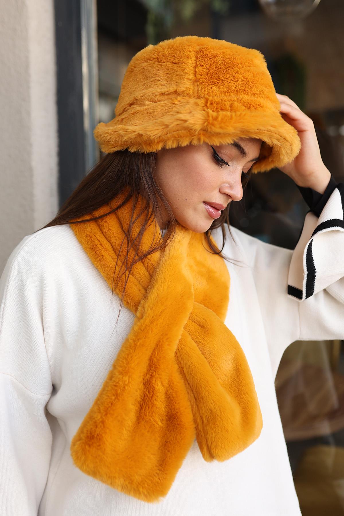 Kadın Peluş Kaşkol Boyunluk Atkı RKB-01 Hardal