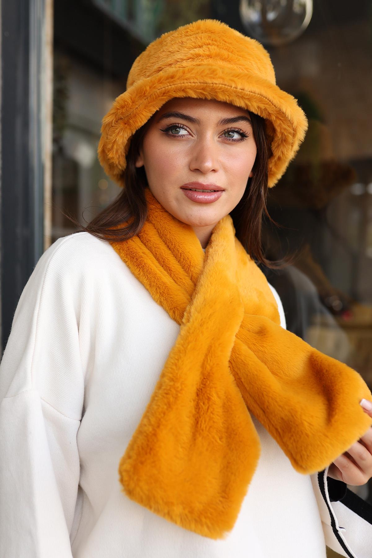 Kadın Peluş Kaşkol Boyunluk Atkı RKB-01 Hardal