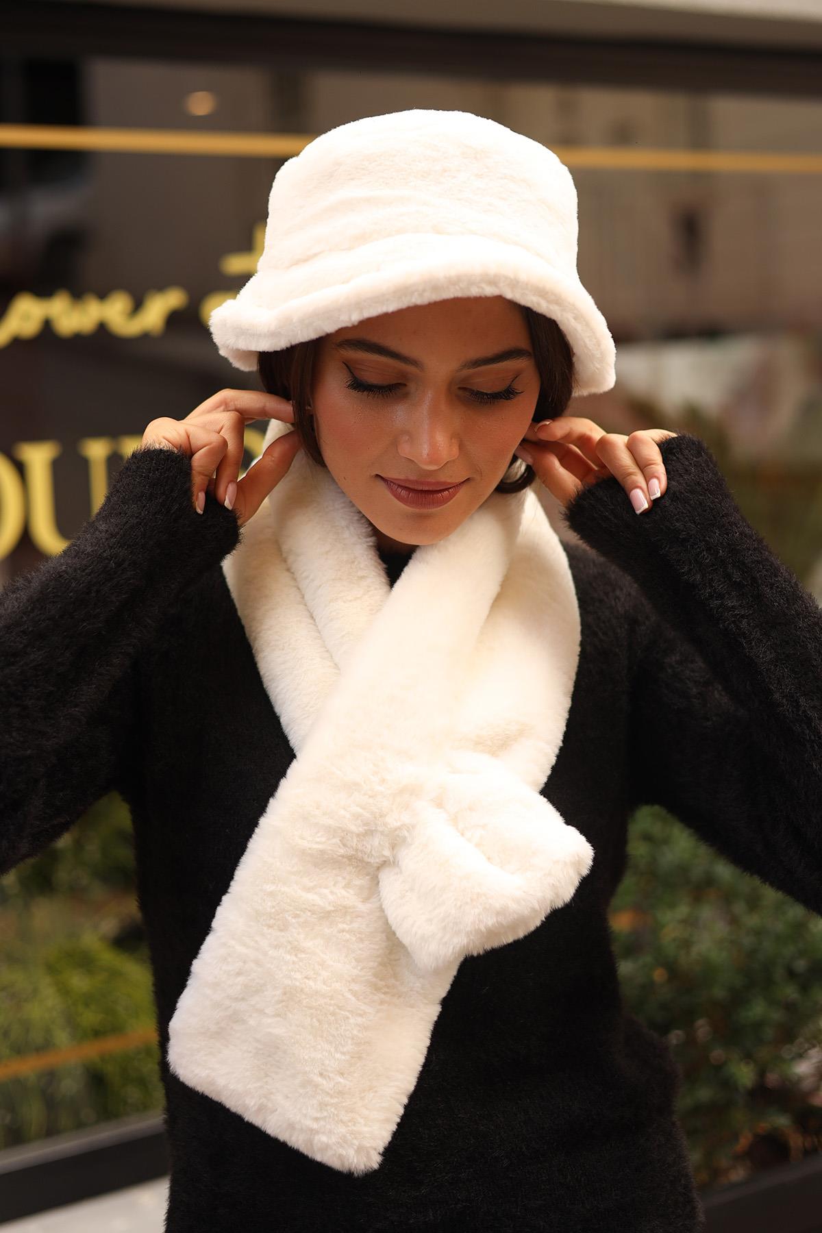 Kadın Peluş Kaşkol Boyunluk Atkı RKB-01 Ekru