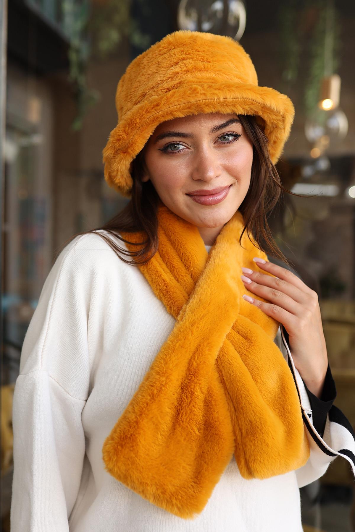 Kadın Peluş Kaşkol Boyunluk Atkı RKB-01 Hardal