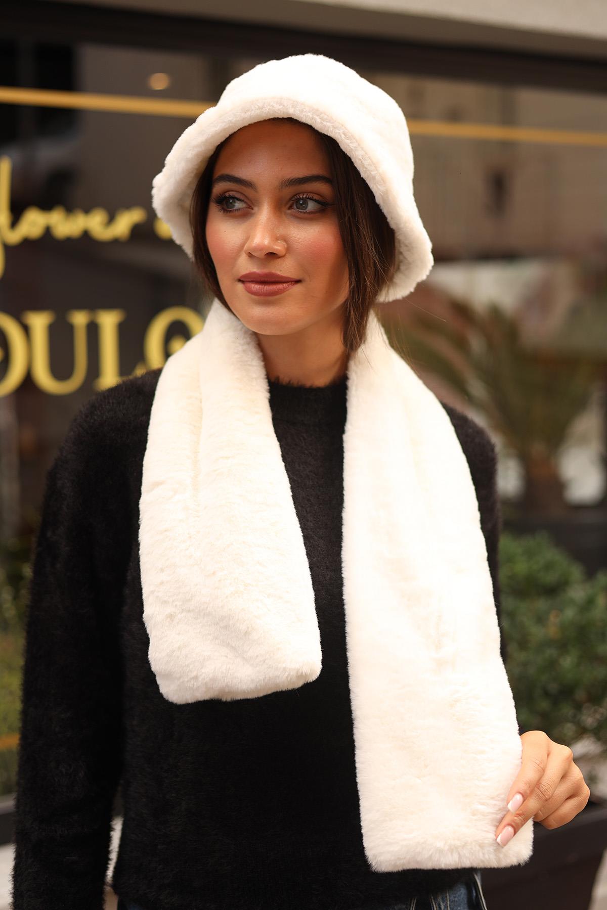 Kadın Peluş Kaşkol Boyunluk Atkı RKB-01 Ekru