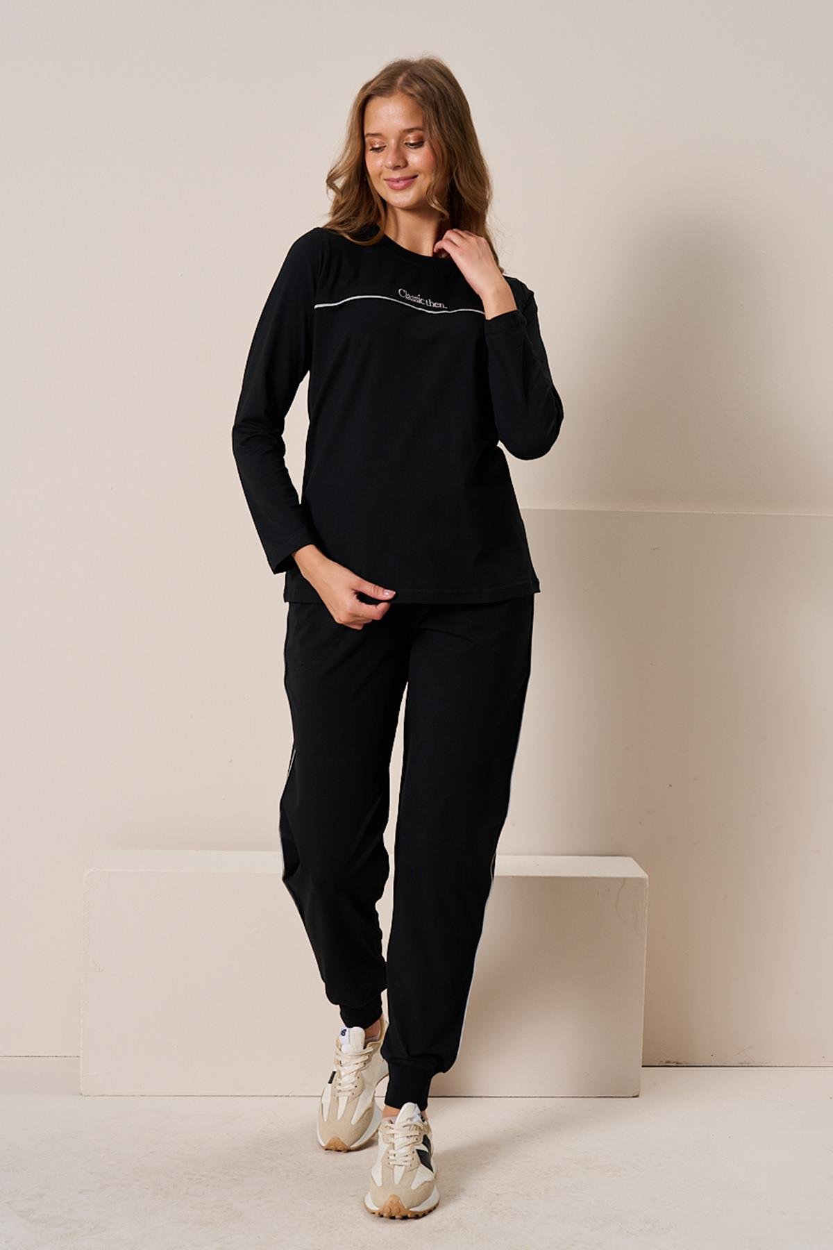 Kadın Penye Uzun Kol Pijama Takımı 3197 Siyah