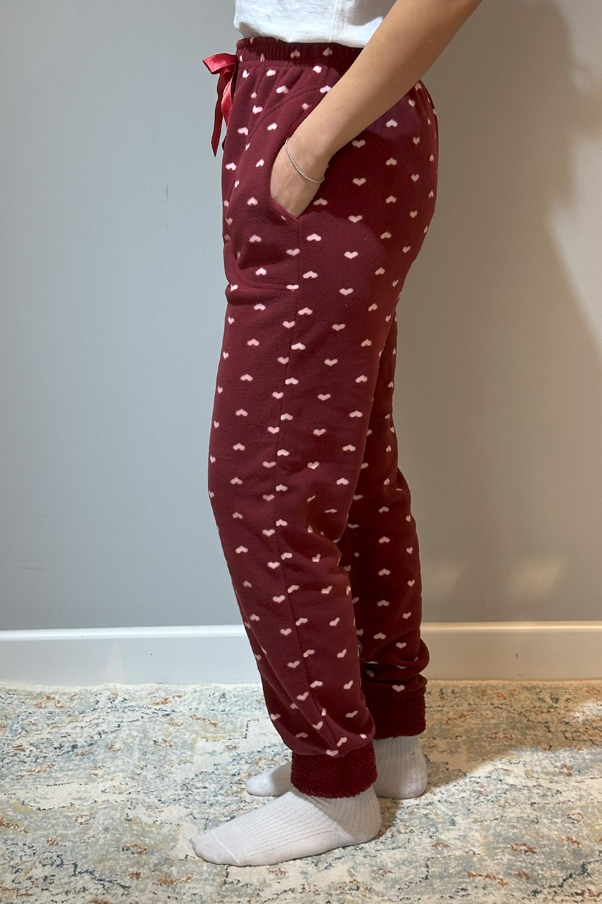 Kadın Polar Manşetli Pijama Tek Alt Kalp 130 Bordo