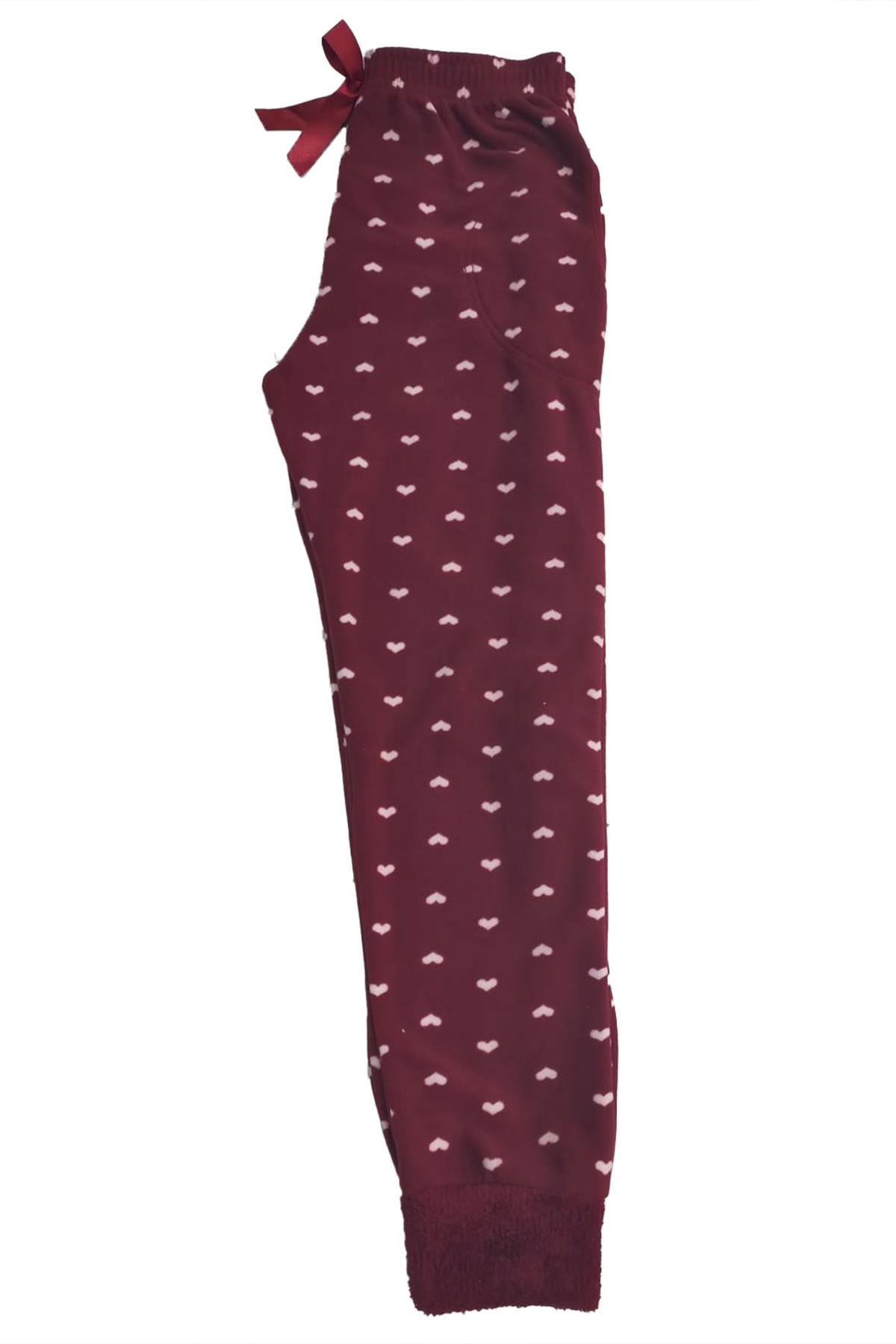 Kadın Polar Manşetli Pijama Tek Alt Kalp 130 Bordo