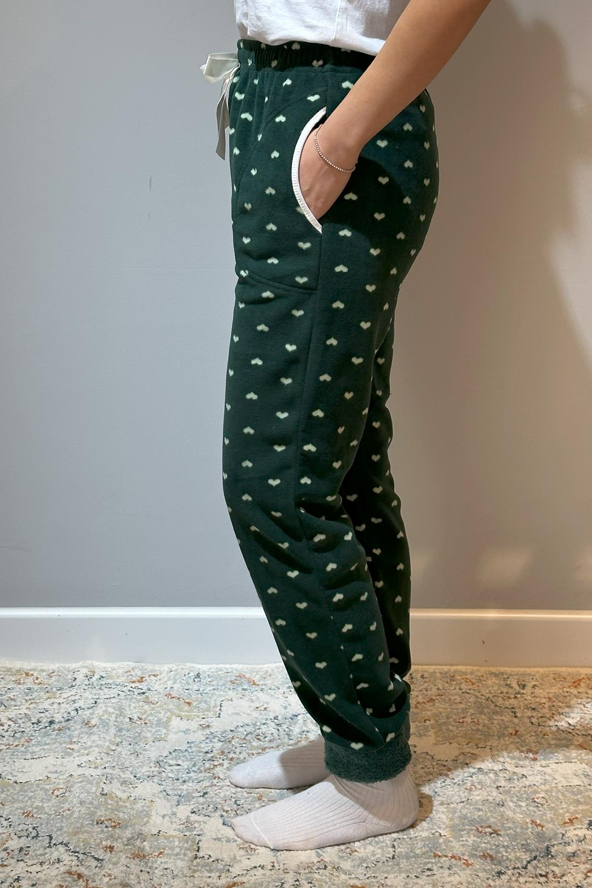 Kadın Polar Manşetli Pijama Tek Alt Kalp 130 Yeşil