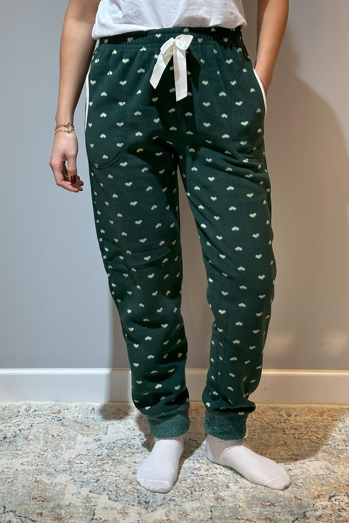 Kadın Polar Manşetli Pijama Tek Alt Kalp 130 Yeşil