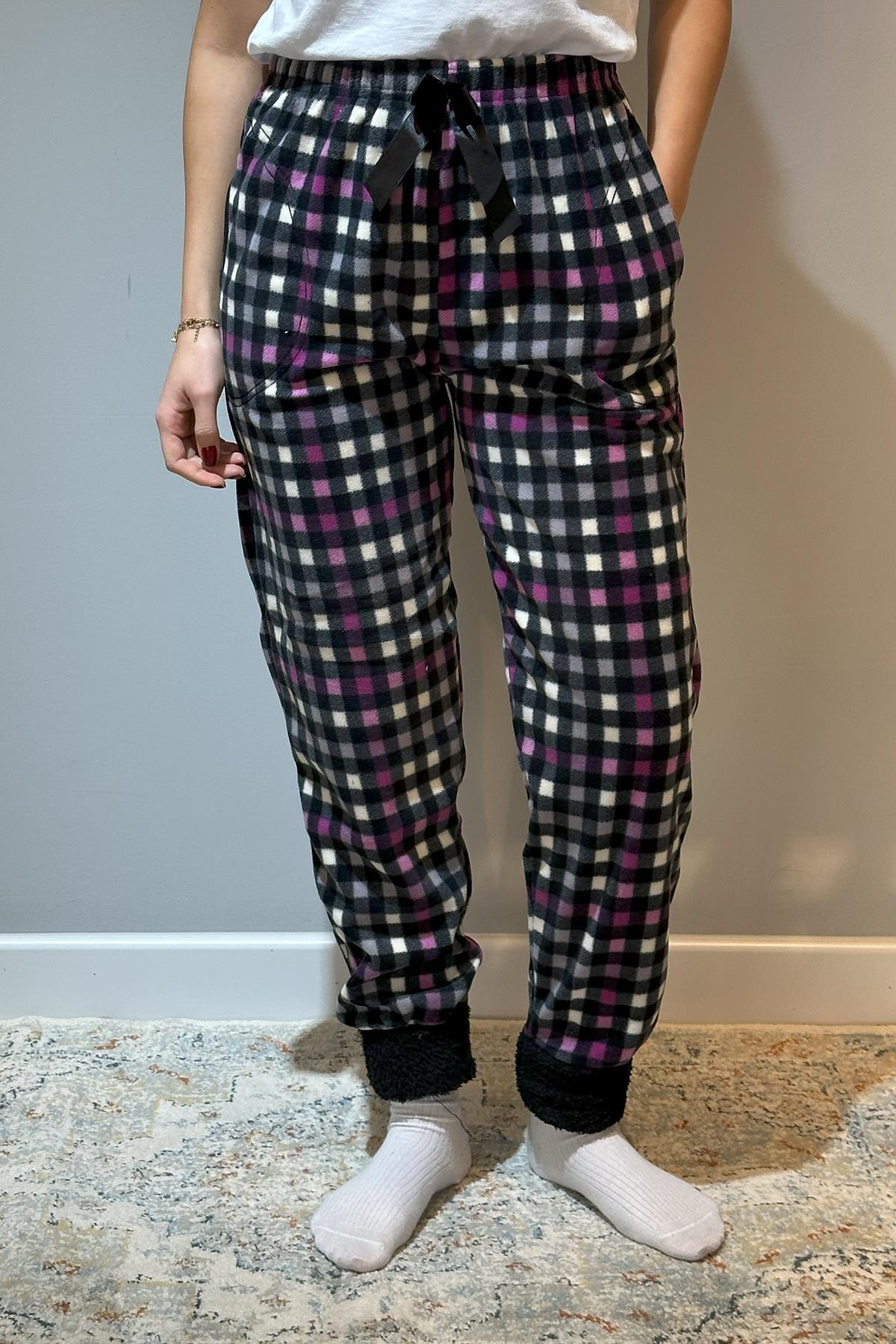 Kadın Polar Manşetli Pijama Tek Alt Kare 130 Mor