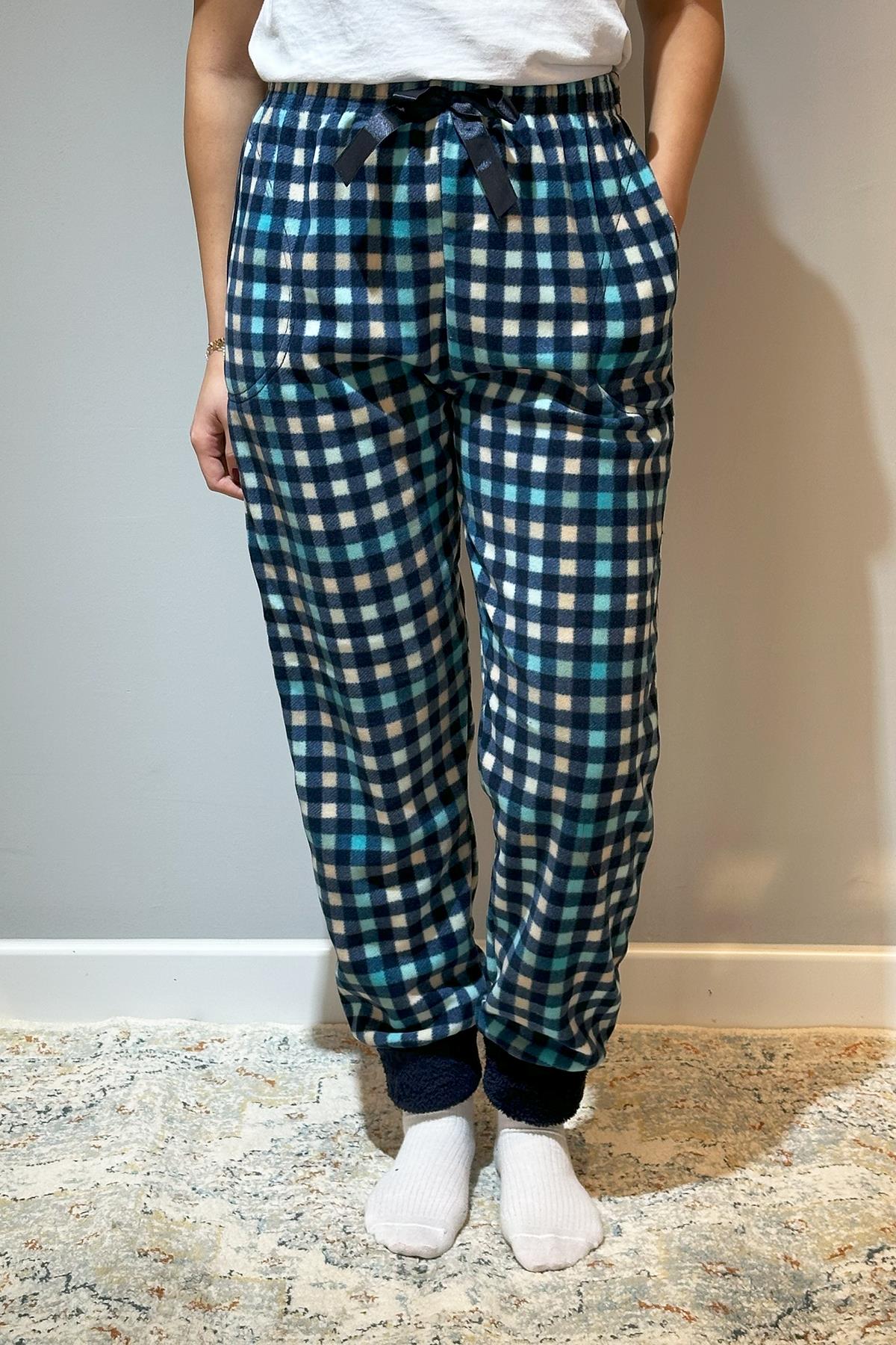 Kadın Polar Manşetli Pijama Tek Alt Kare 130 Lacivert