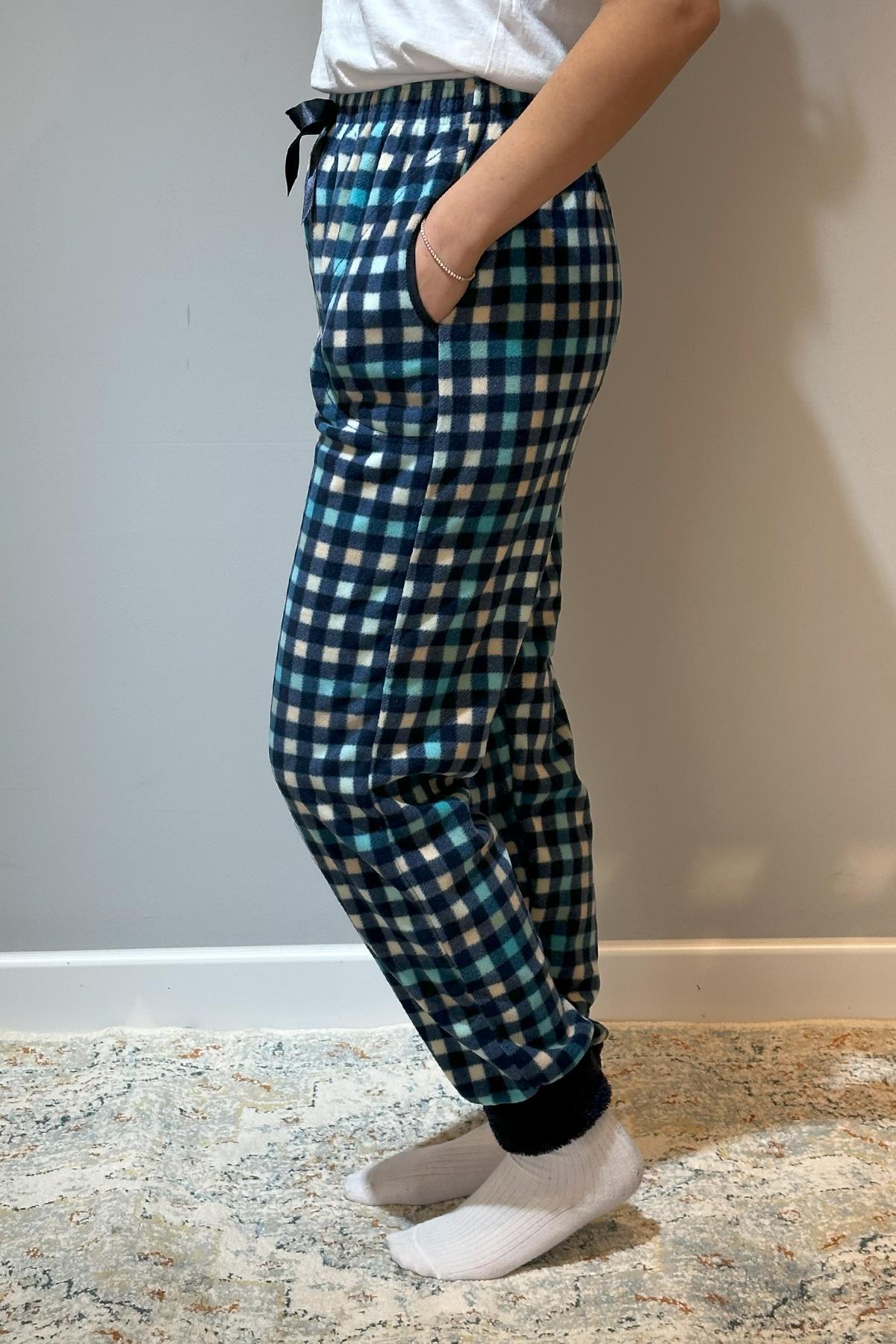 Kadın Polar Manşetli Pijama Tek Alt Kare 130 Lacivert