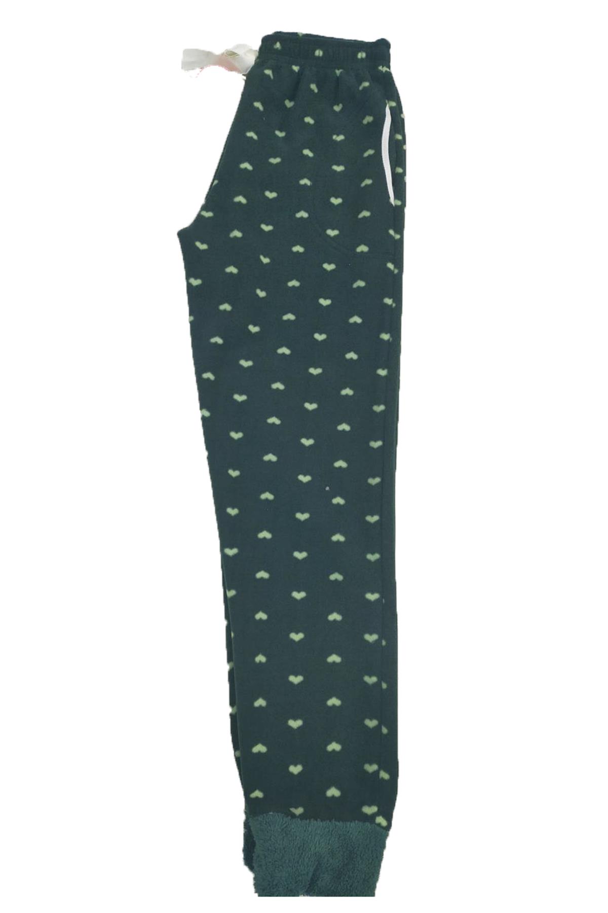 Kadın Polar Manşetli Pijama Tek Alt Kalp 130 Yeşil