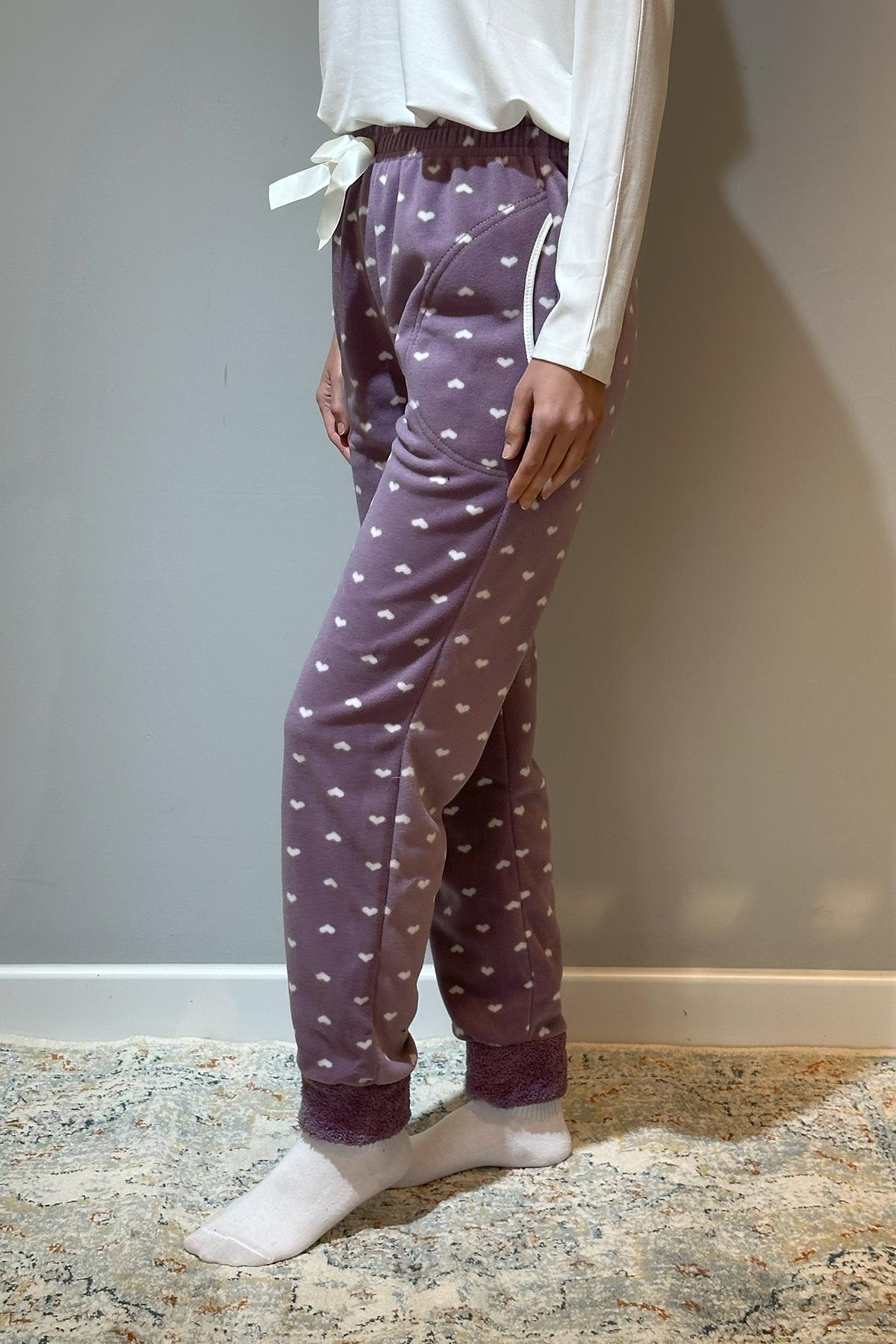 Kadın Polar Manşetli Pijama Tek Alt Kalp 130 Lila