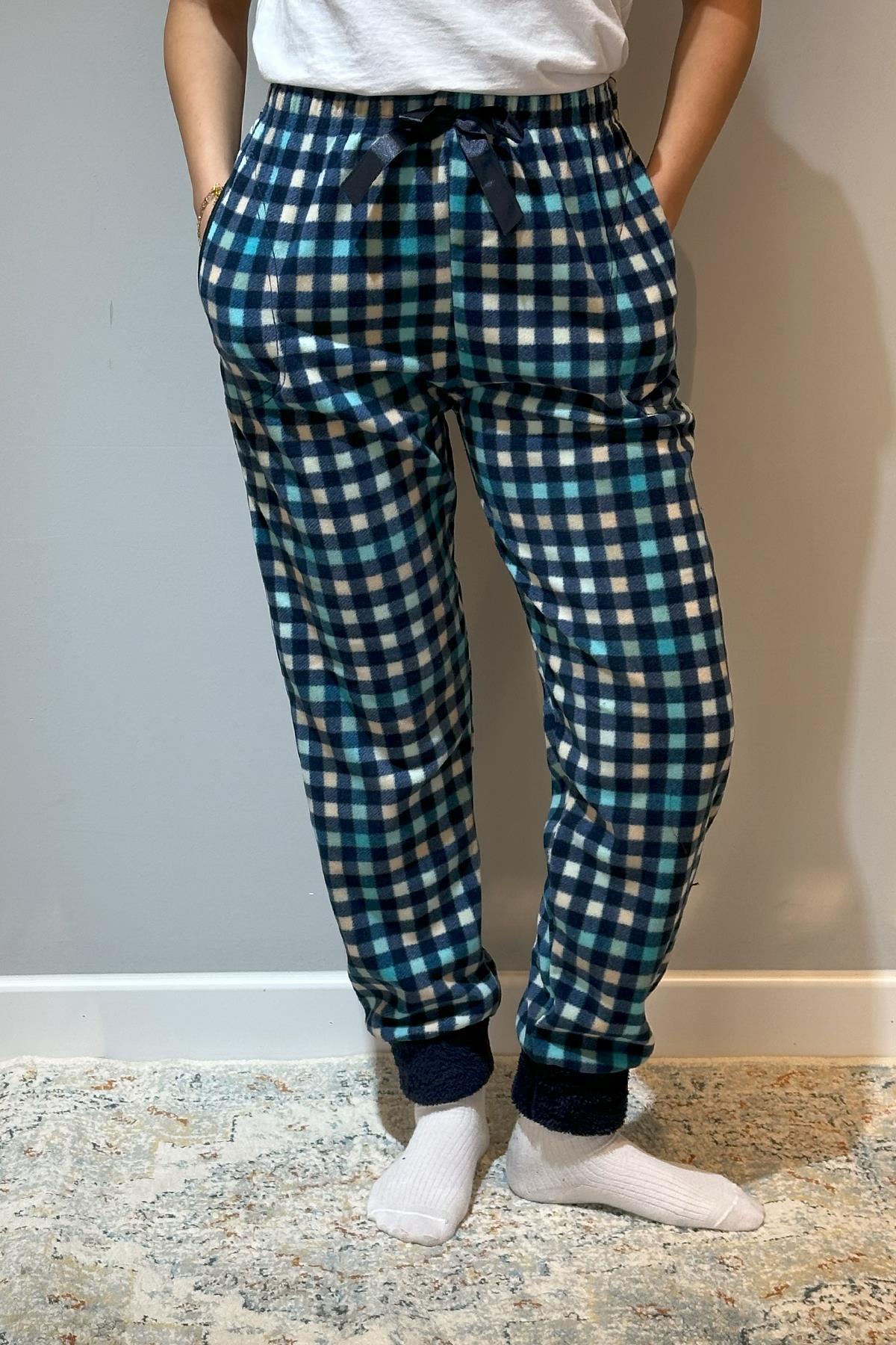 Kadın Polar Manşetli Pijama Tek Alt Kare 130 Lacivert